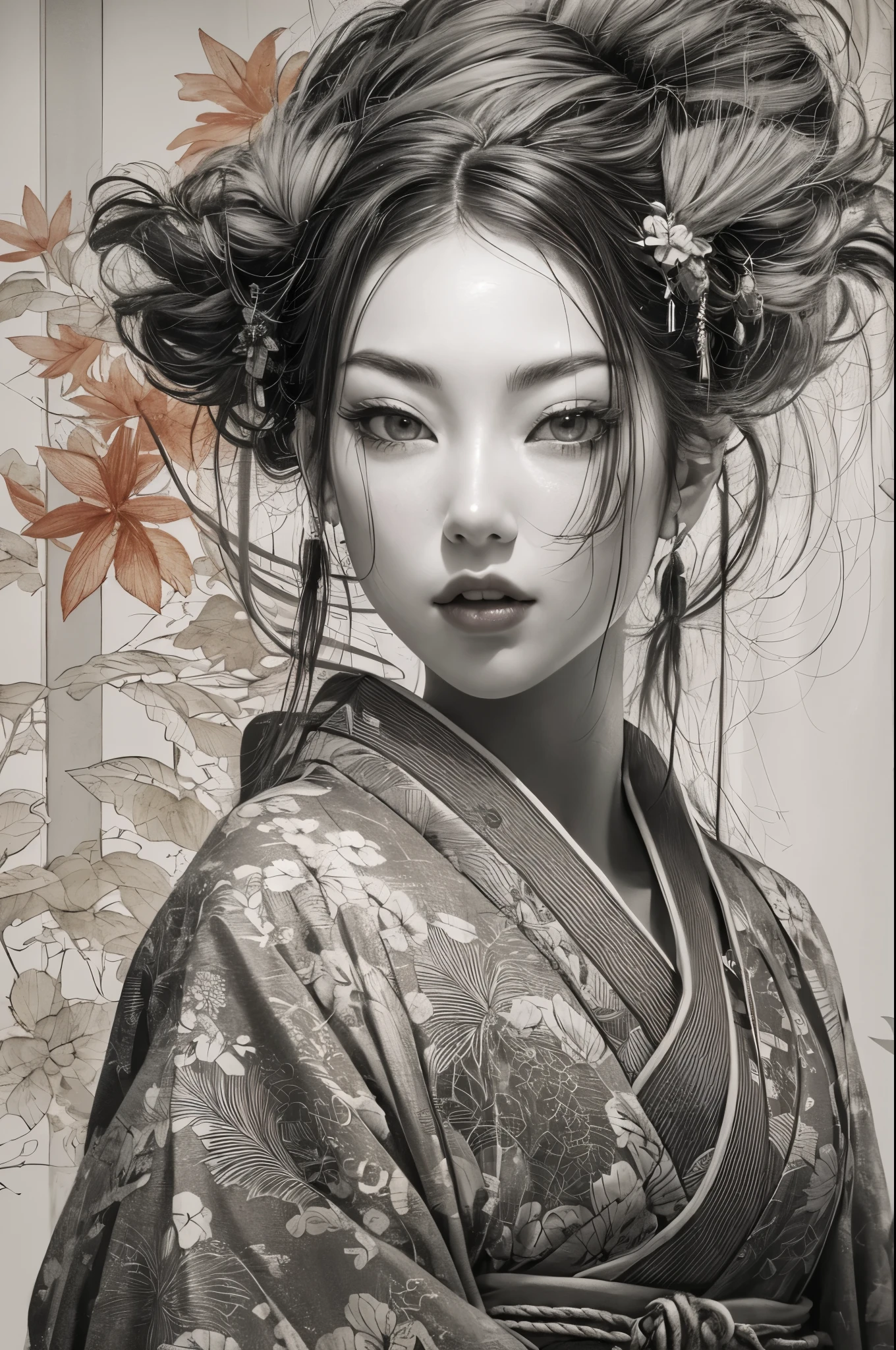 Umalinda warrior sexy, pretty face, Delicious Company, Alluring figure, Wearing a sexy open kimono.

The artwork is created in a medium reminiscent of Japanese ink paintings....., 具有大胆的笔触和Monochromatic color palette. artist&#39;Masterful technique reveals the intensity and power of the image&#39;sense of presence，with the highest quality, Perfectly capture every detail with ultra-high resolution. Textures and intricate patterns on kimonos are rendered with extreme precision. Lighting is carefully designed，Enhance drama, Features deep shadows and subtle highlights.

General, The artwork exudes elegance and power, Combining traditional Japanese aesthetics with a modern feel. Monochromatic color palette, Combine details, Create captivating and immersive experiences for your audience.