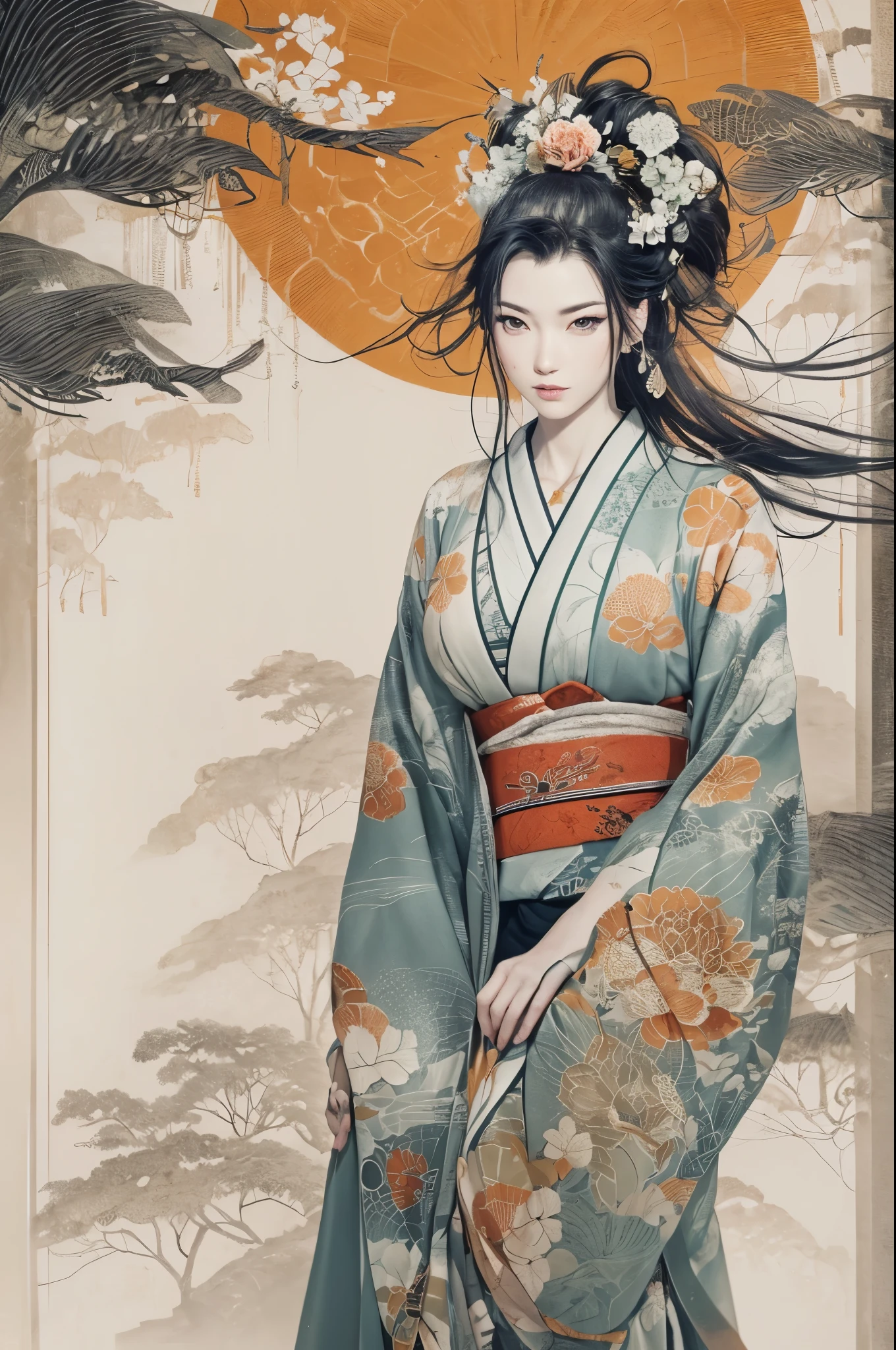 Umalinda warrior sexy, pretty face, Delicious Company, Alluring figure, Wearing a sexy open kimono.

The artwork is created in a medium reminiscent of Japanese ink paintings....., 具有大胆的笔触和Monochromatic color palette. artist&#39;Masterful technique reveals the intensity and power of the image&#39;sense of presence，with the highest quality, Perfectly capture every detail with ultra-high resolution. Textures and intricate patterns on kimonos are rendered with extreme precision. Lighting is carefully designed，Enhance drama, Features deep shadows and subtle highlights.

General, The artwork exudes elegance and power, Combining traditional Japanese aesthetics with a modern feel. Monochromatic color palette, Combine details, Create captivating and immersive experiences for your audience.