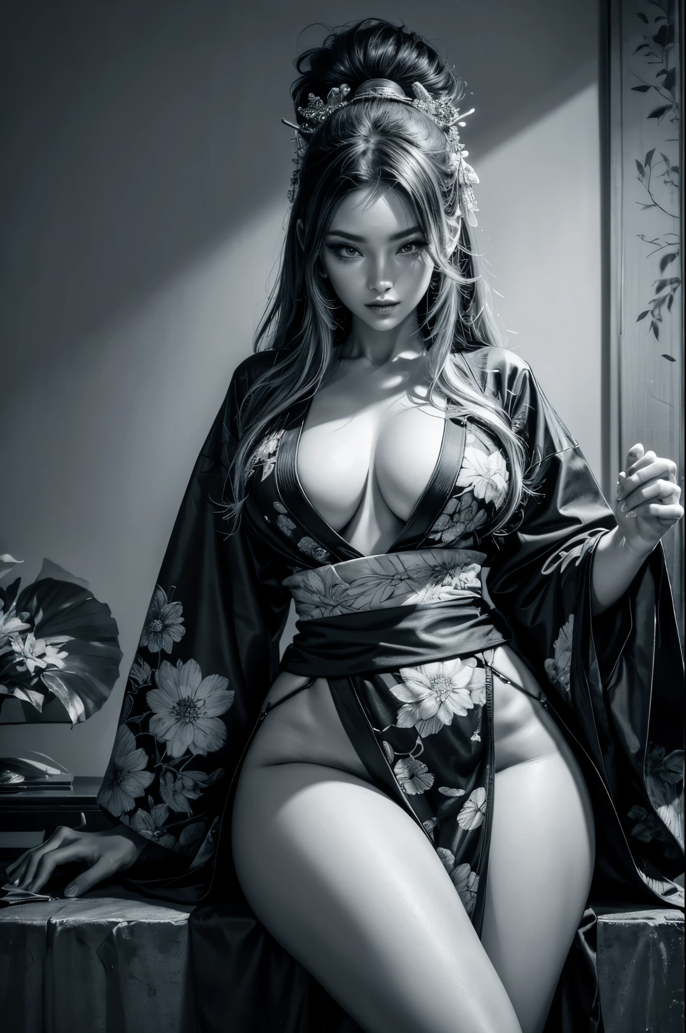 Umalinda warrior y, pretty face, Delicious Company, Alluring figure, Wearing a sexpen kimono. The artwork is created in a medium reminiscent of Japanese ink paintings....., 具有大胆的笔触和Monochromatic color palette. artist'Masterful technique reveals the intensity and power of the image'sense of presence,with the highest quality, Perfectly capture every detail with ultra-high resolution. Textures and intricate patterns on kimonos are rendered with extreme precision. Lighting is carefully designed,Enhance drama, Features deep shadows and subtle highlights. General, The artwork exudes elegance and power, Combining traditional Japanese aesthetics with a modern feel. Monochromatic color palette, Combine details, Create captivating and immersive experiences for your audience.