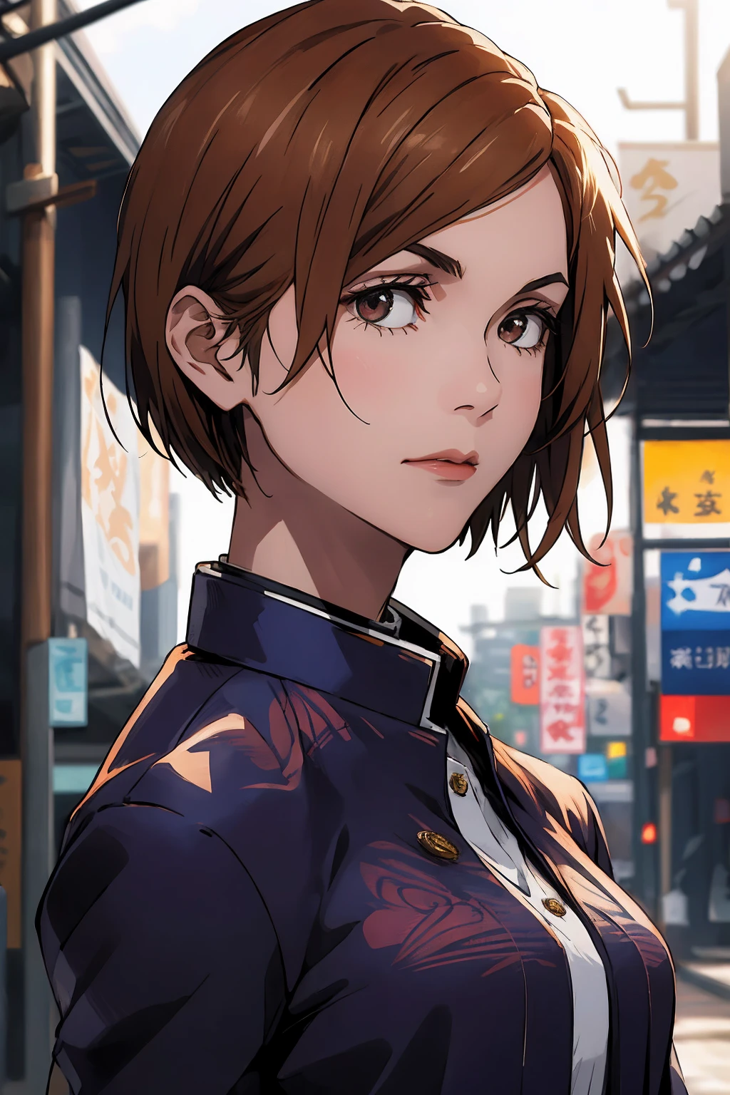 1girl, cowboy shot, beautiful Nobara, school_uniform, bangs, jacket,, volumetric lighting, best quality, masterpiece, intricate details, tonemapping, sharp focus, hyper detailed, trending on Art Station, 4k,full body