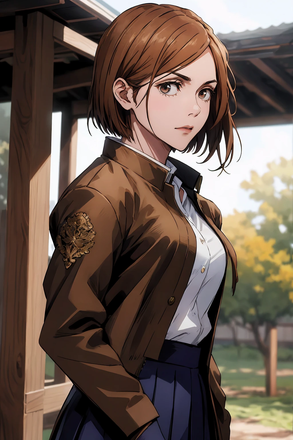 1girl, cowboy shot, beautiful Nobara, school_uniform, bangs, jacket,, volumetric lighting, best quality, masterpiece, intricate details, tonemapping, sharp focus, hyper detailed, trending on Art Station, 4k,full body