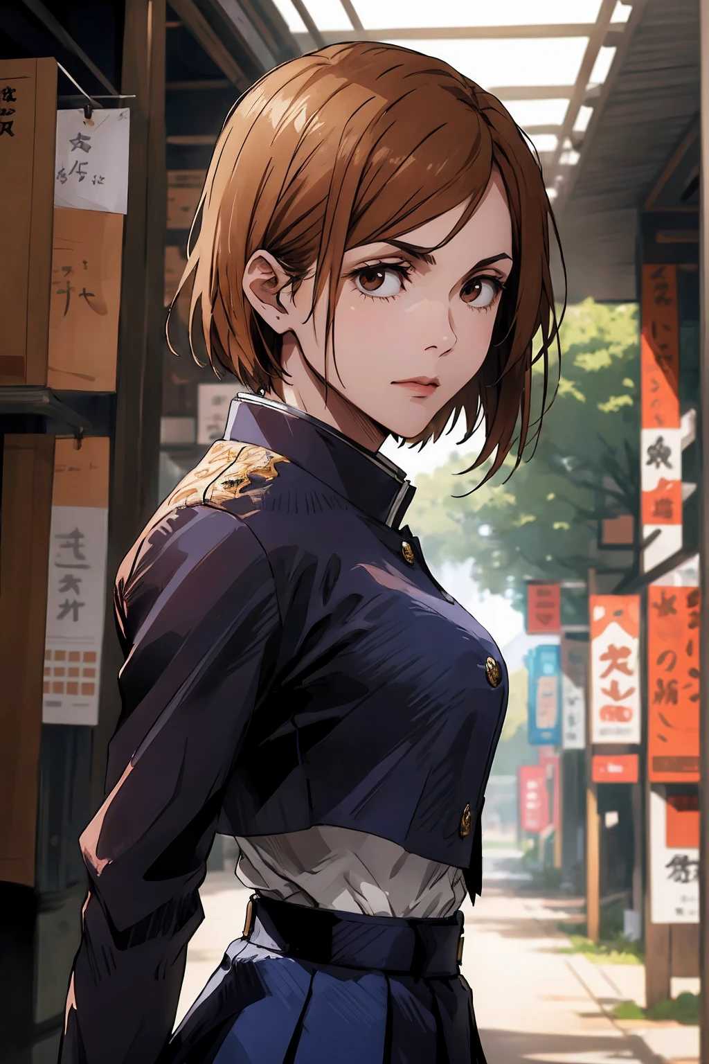 1girl, cowboy shot, beautiful Nobara, school_uniform, bangs, jacket,, volumetric lighting, best quality, masterpiece, intricate details, tonemapping, sharp focus, hyper detailed, trending on Art Station, 4k,full body