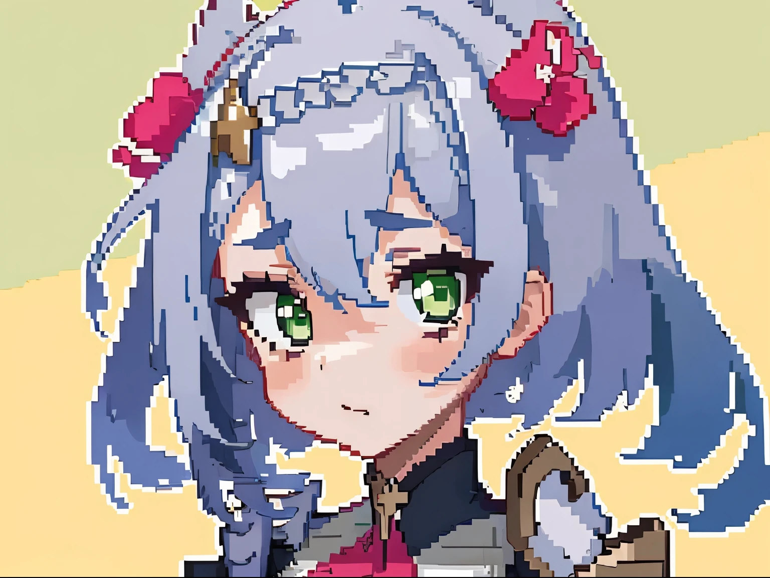 masterpiece, high quality, hcnone, pixel art, 1girl, noelle genshin impact, silver hair, green eyes, simple gold color background