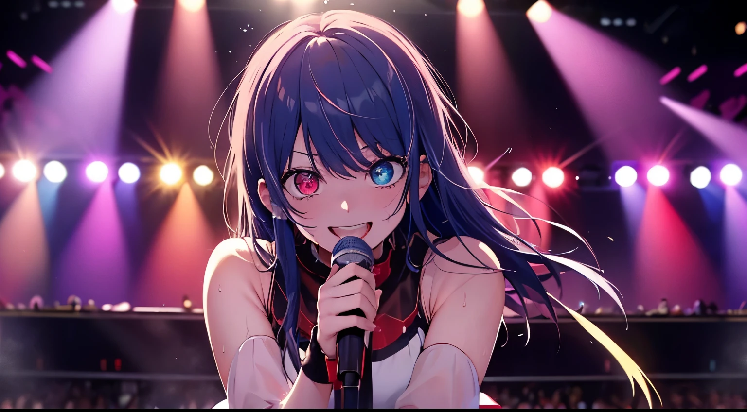 heterochromia、red eyes,yellow eyes、Idol singer singing with live music、Singing while sweating alone、Have fun with a smile、Hair color is blue hair、Proud Idol、slim figure、The background is the stage