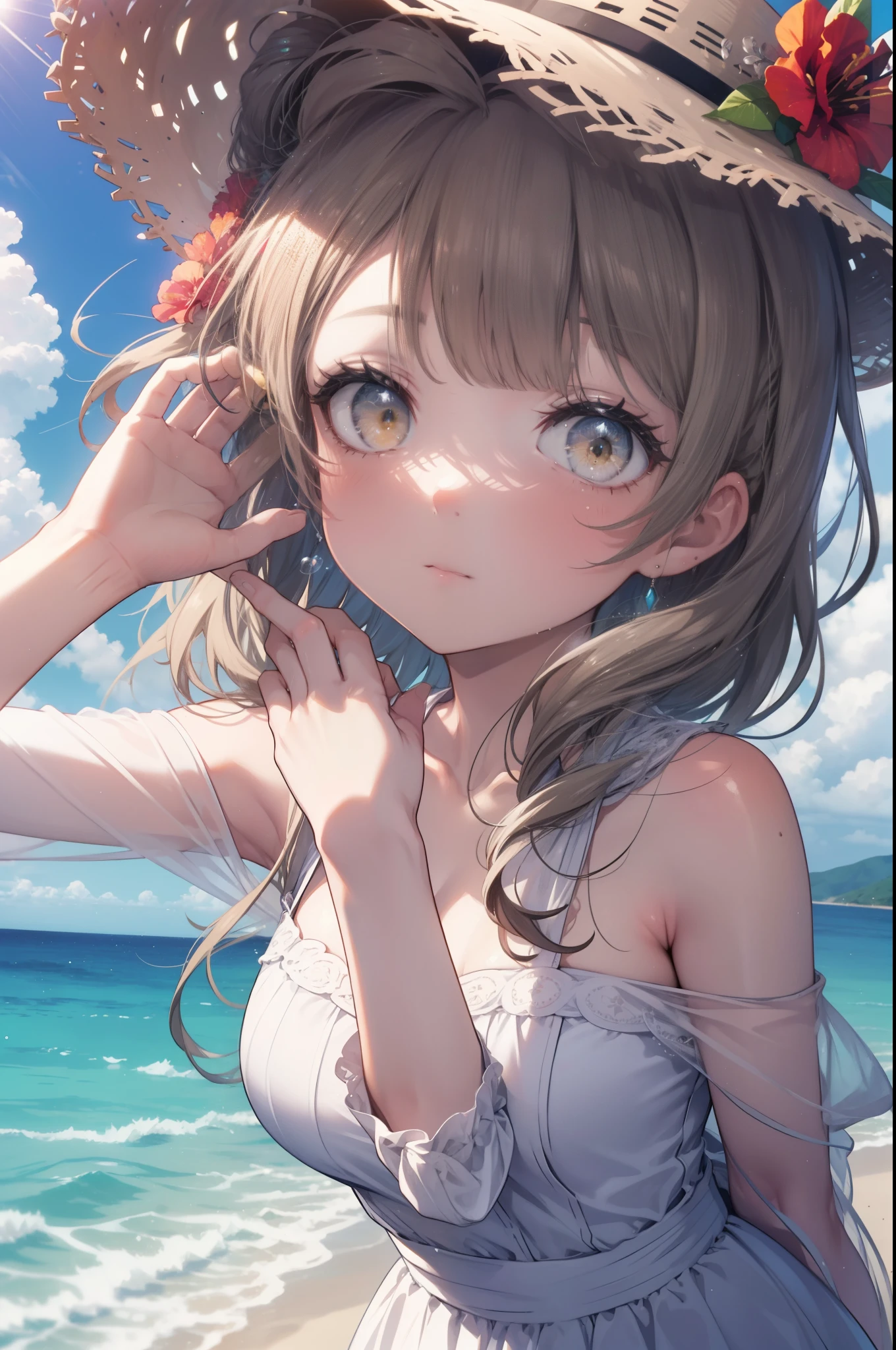 Kotori Minami, kotori minami, brown hair, (brown eyes:1.5),, long hair,ビーチのsandy beachを散歩しながら、brown hair fluttering in the breeze, A large straw hat with a hibiscus on it,off shoulder dress,long skirt,barefoot、Light of the sun,ヤシの木
break outdoors, sandy beach, seaside,
break (masterpiece:1.2), highest quality, High resolution, unity 8k wallpaper, (figure:0.8), (detailed and beautiful eyes:1.6), highly detailed face, perfect lighting, Very detailed CG, (perfect hands, perfect anatomy),