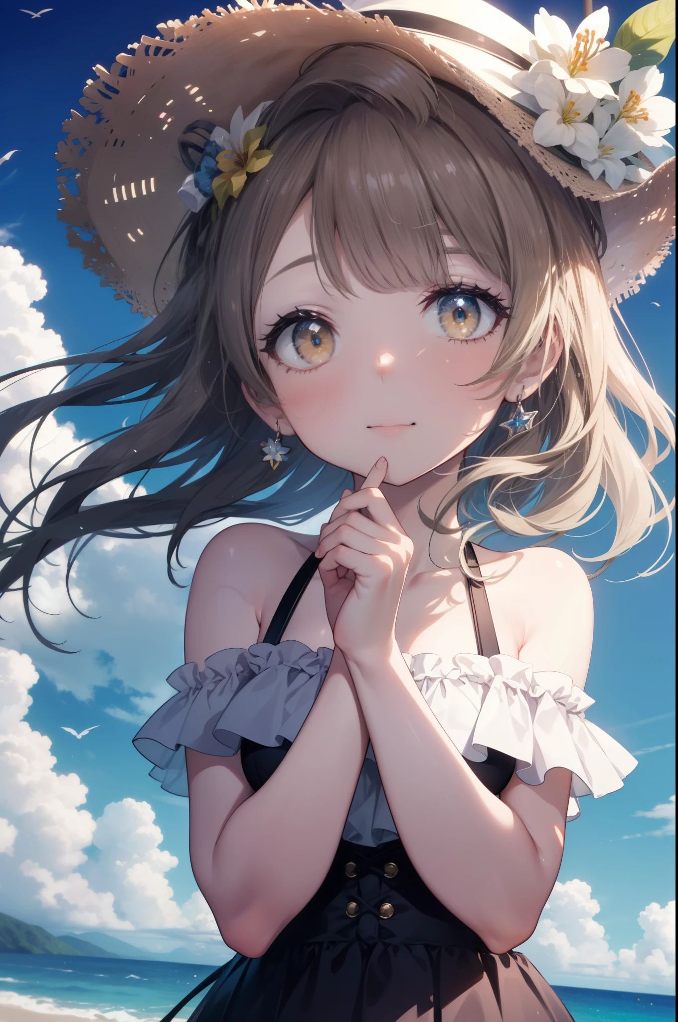 Kotori Minami, kotori minami, brown hair, (brown eyes:1.5),, long hair,ビーチのsandy beachを散歩しながら、brown hair fluttering in the breeze, A large straw hat with a hibiscus on it,off shoulder dress,long skirt,barefoot、Light of the sun,ヤシの木
break outdoors, sandy beach, seaside,
break (masterpiece:1.2), highest quality, High resolution, unity 8k wallpaper, (figure:0.8), (detailed and beautiful eyes:1.6), highly detailed face, perfect lighting, Very detailed CG, (perfect hands, perfect anatomy),