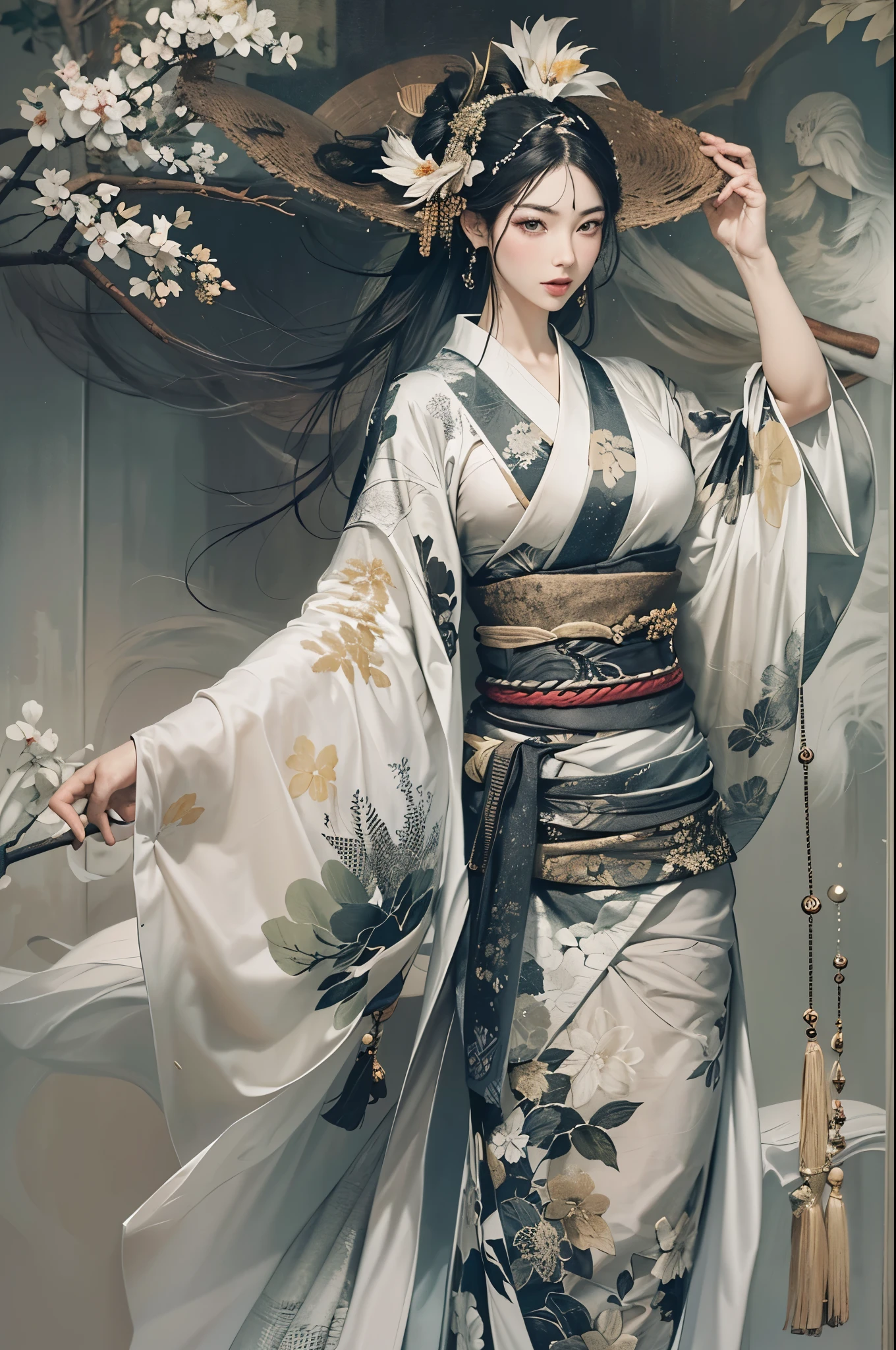 Umalinda warrior sexy, pretty face, Delicious Company, Alluring figure, Wearing a sexy open kimono. The artwork is created in a medium reminiscent of Japanese ink paintings....., 具有大胆的笔触和Monochromatic color palette. artist&#39;Masterful technique reveals the intensity and power of the image&#39;sense of presence，with the highest quality, Perfectly capture every detail with ultra-high resolution. Textures and intricate patterns on kimonos are rendered with extreme precision. Lighting is carefully designed，Enhance drama, Features deep shadows and subtle highlights. General, The artwork exudes elegance and power, Combining traditional Japanese aesthetics with a modern feel. Monochromatic color palette, Combine details, Create captivating and immersive experiences for your audience.