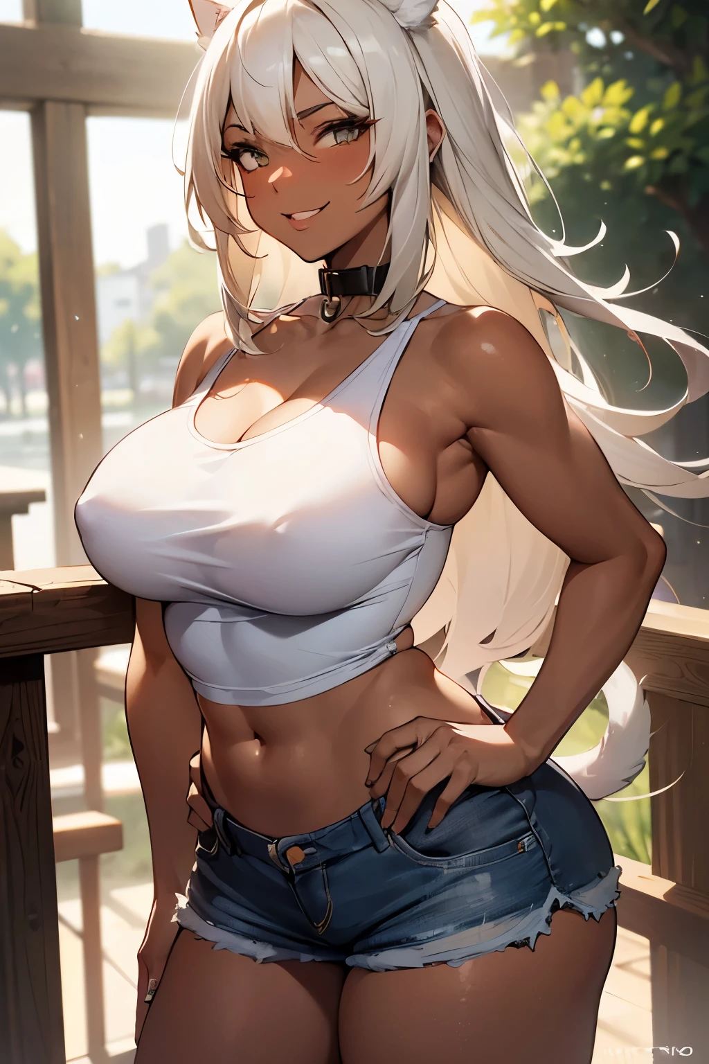 (((SHARP detail perfect face))), big breasts, (nice hips), detailed skin, ((masterpiece)), best quality, (SHARP details), 4k, ((female gladiator)), ((dark skin)), (cat ears), (cat tail), ((platinum blonde hair)), (slave collar) with heart pendant, amber eyes, long hair, tomboy, (mature woman), ((white tanktop)), ((happy)), smiling, ((on a date)), denim shorts, park, (wholesome girlfriend), (asking for a kiss), ((((come hither)))),
