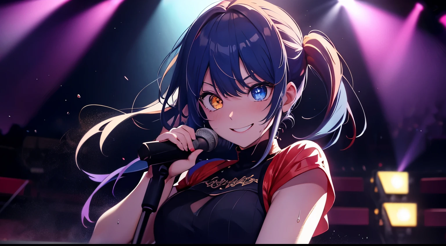 heterochromia、red eyes,yellow eyes、Idol singer singing with live music、Singing while sweating alone、Have fun with a smile、Hair color is blue hair、Proud Idol、slim figure、The background is the stage