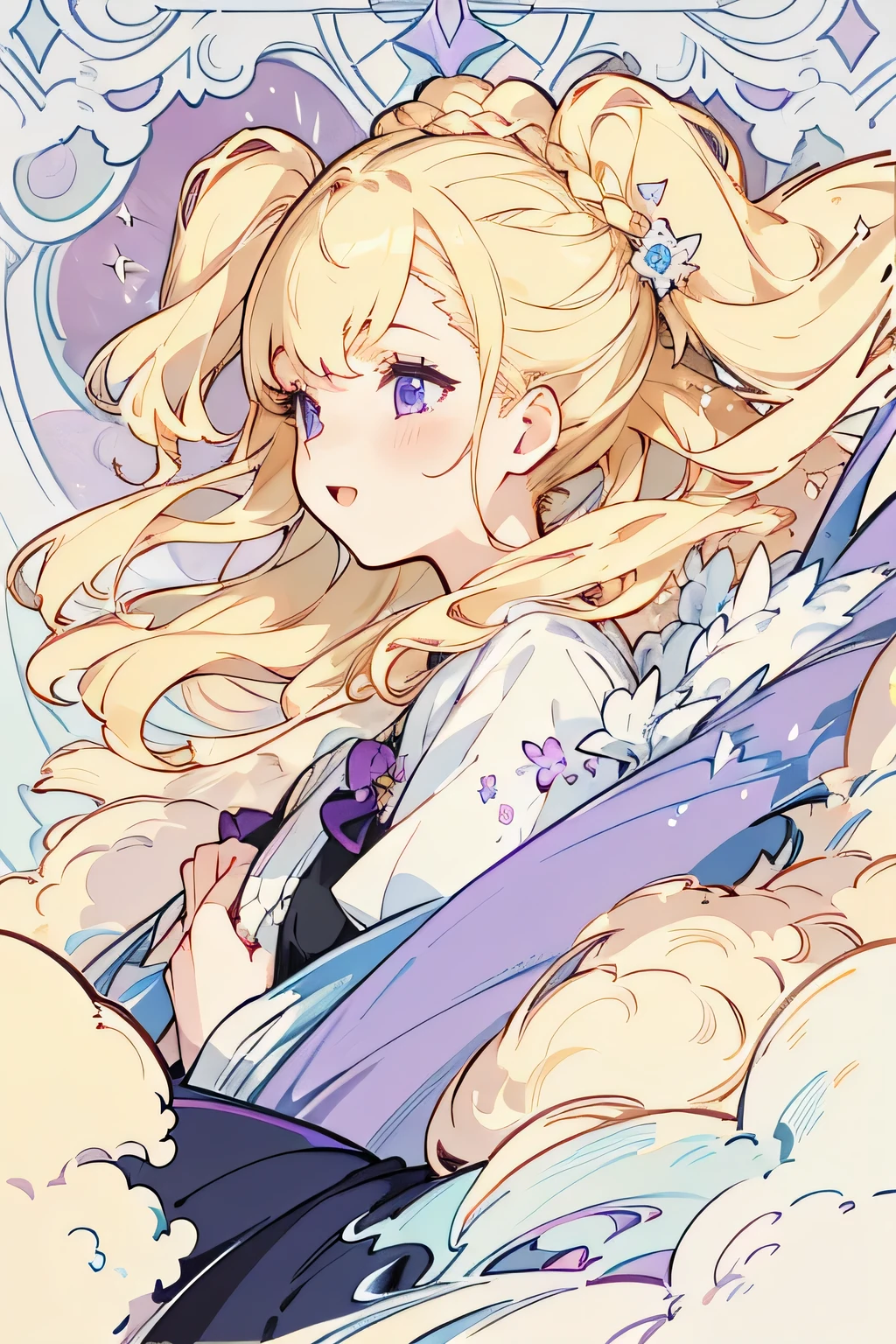 4K quality:1.2,1 girl,sense of depth,confused,catch light,Super beautiful illustration,(beautiful blonde,two side up hairstyle:1.3),;D,beautiful and delicate flowing hair,Delicate and detailed purple eyes:1.2,emphasized chest