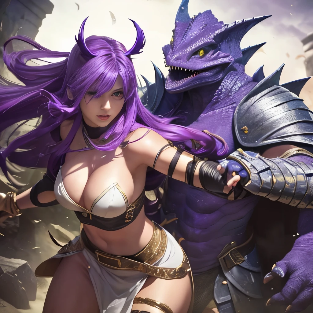 masterpiece Lizardman attacking Fighting Woman(Very long fluffy purple hair) dignified face White armor with tube top revealing chest beautiful small bust Different world dark dungeon