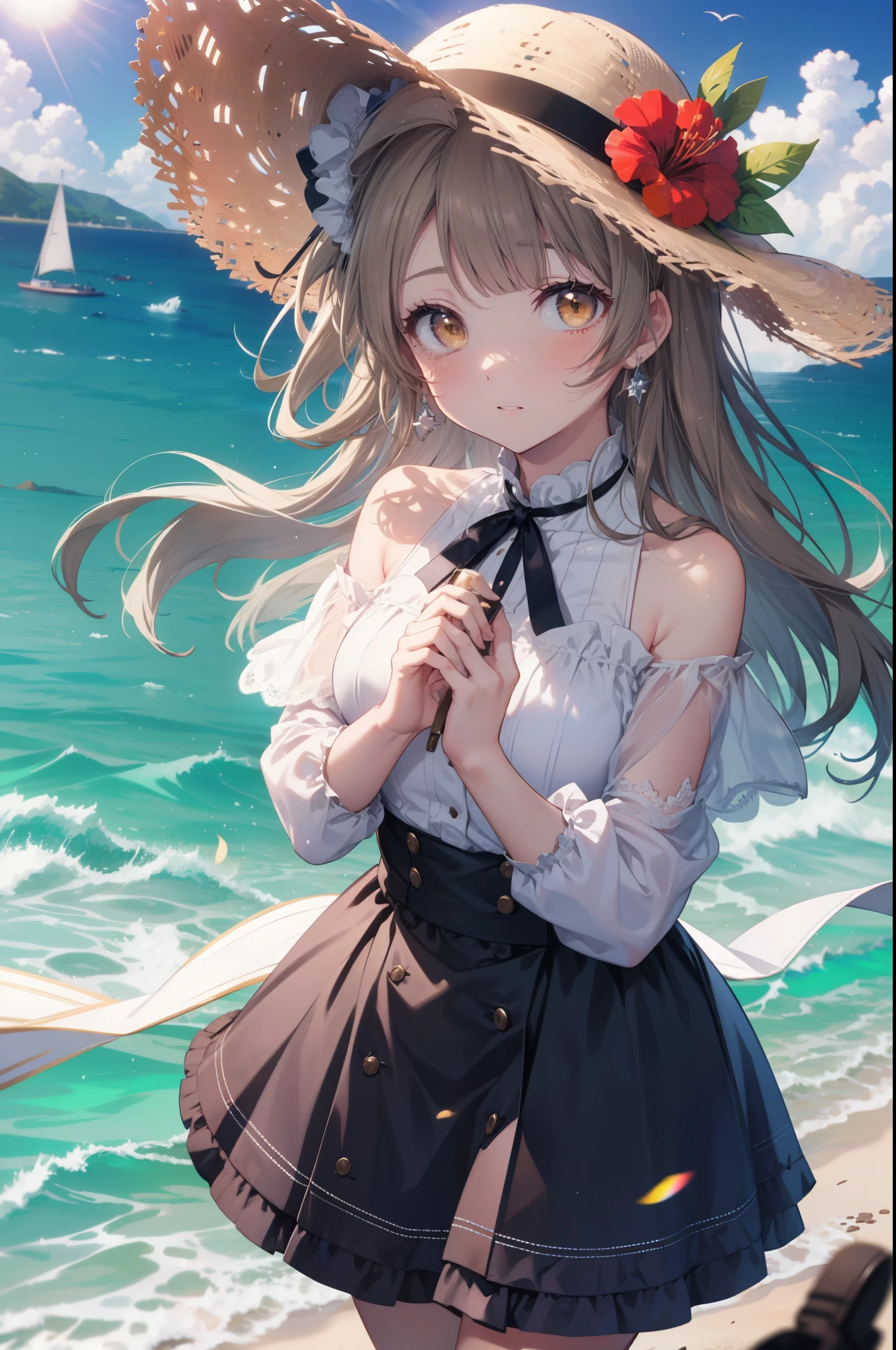 Kotori Minami, kotori minami, brown hair, (brown eyes:1.5),, long hair,ビーチのsandy beachを散歩しながら、brown hair fluttering in the breeze, A large straw hat with a hibiscus on it,off shoulder dress,long skirt,barefoot、Light of the sun,ヤシの木
break outdoors, sandy beach, seaside,
break (masterpiece:1.2), highest quality, High resolution, unity 8k wallpaper, (figure:0.8), (detailed and beautiful eyes:1.6), highly detailed face, perfect lighting, Very detailed CG, (perfect hands, perfect anatomy),