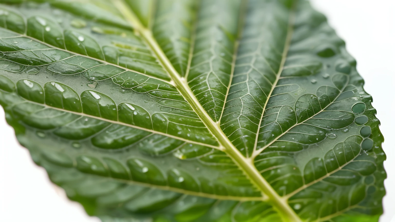 ((best quality)), ((masterpiece)), (detailed), perfect face, A prism of light refracts through a water drop clinging to a green leaf, transforming it into a miniature rainbow. The vibrant colors dance along the leaf's edge, a fleeting display of nature's magic.