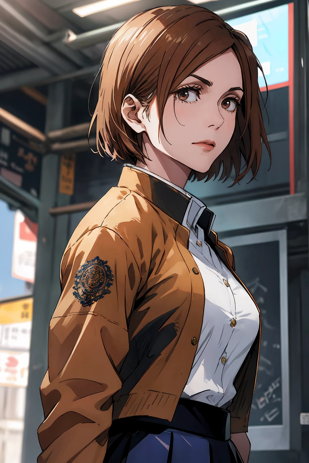 1girl, cowboy shot, beautiful Nobara, school_uniform, bangs, jacket,, volumetric lighting, best quality, masterpiece, intricate details, tonemapping, sharp focus, hyper detailed, trending on Art Station, 4k,full body