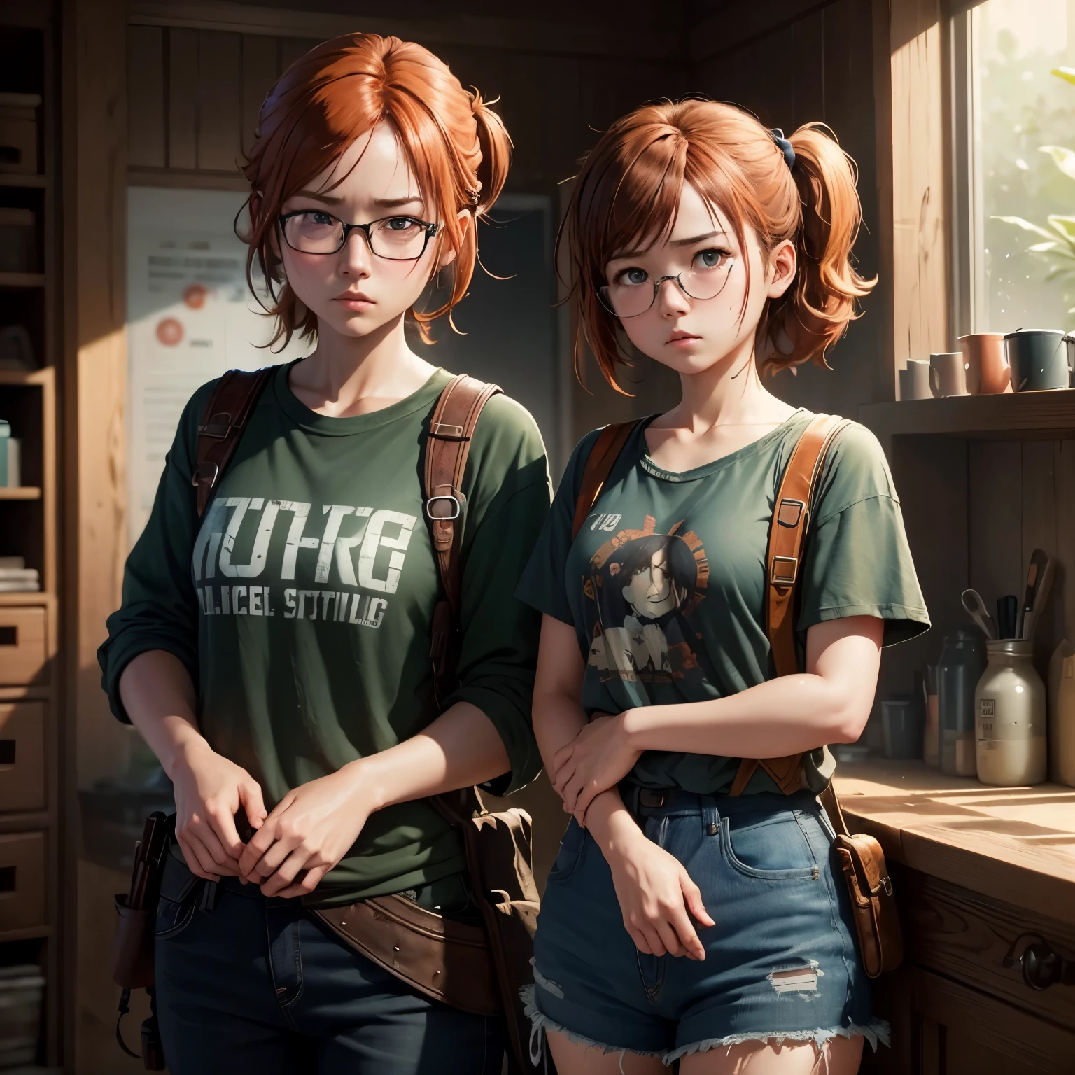 8k, masterpiece, best quality, realistic, higly detailed, cowboy shot, 1girl, solo, Itsuki Nakano, serious looking girl, medium-length hair, expressive ahoge, reddish-orange hair colour, a pair of star-shaped hairpins near both of her eyes, dark blue eyes, average height, well-endowed figure, wears glasses, cute, The Last of Us
