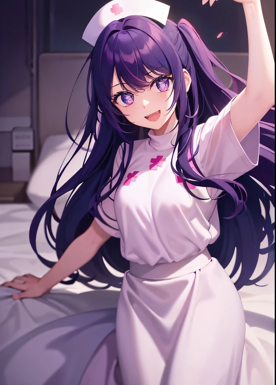 one-girl，nurses（（There is a five-pointed star in the eye））Gorgeous Hair in Long Purple，Smile，Open mouth ，nurses，hospitals，White nurse clothes，White nurse hat，looki at viewer，Blood