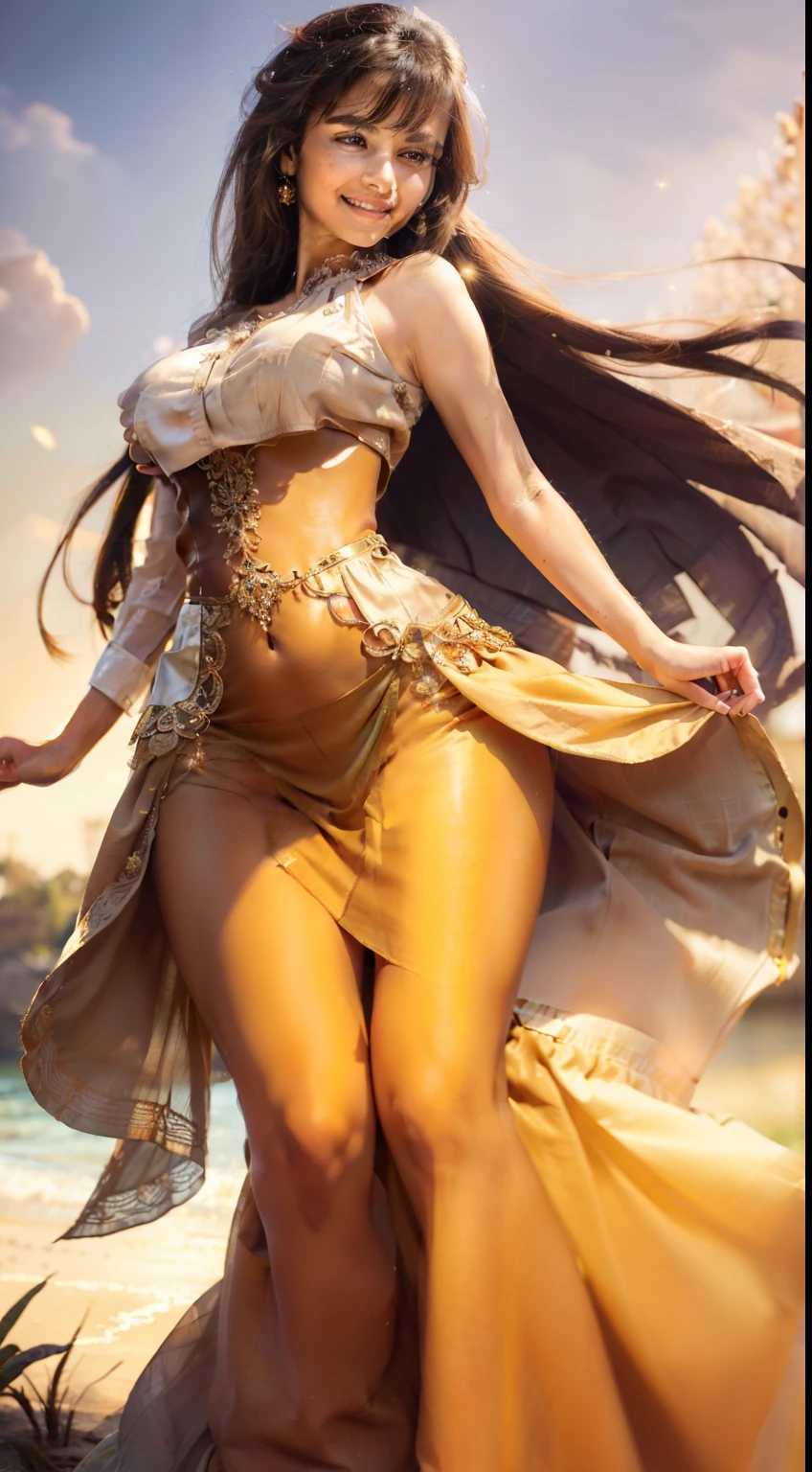 (Masterpiece and best quality: 1.1), 4K resolution, high-definition, solo presentation, (One beautiful girl: 1.2), radiant smile, brown dress adorned with intricate details, perfumer outfit (consisting of a blouse and a long, flowing skirt: 1.2), elegant grace, delicate features, quality fabric texture, meticulously crafted accessories, sun-kissed complexion, sparkling eyes, captivating aura.