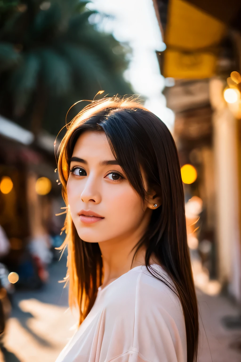  Extreme close-up of a 24 year old woman blinking, Stand in Marrakech during magic hour, cinematic film shot in 70mm, Depth of the bounds written, Bright colors, cinematic