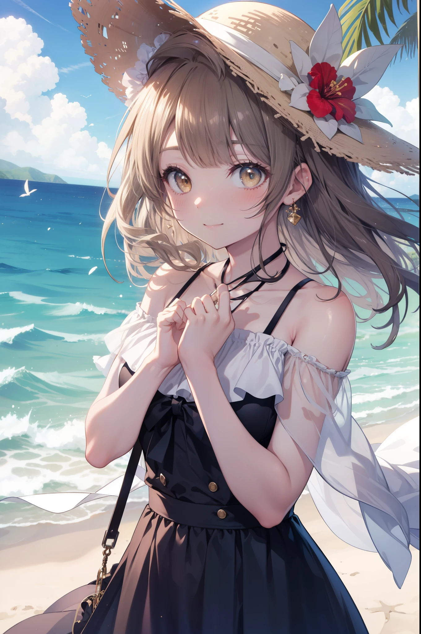 Kotori Minami, kotori minami, brown hair, (brown eyes:1.5),, long hair,blush,smile,ビーチのsandy beachを散歩しながら、brown hair fluttering in the breeze, A large straw hat with a hibiscus on it,off shoulder dress,long skirt,barefoot、Light of the sun,Palm tree,whole body,
break outdoors, sandy beach, seaside,
break (masterpiece:1.2), highest quality, High resolution, unity 8k wallpaper, (figure:0.8), (detailed and beautiful eyes:1.6), highly detailed face, perfect lighting, Very detailed CG, (perfect hands, perfect anatomy),