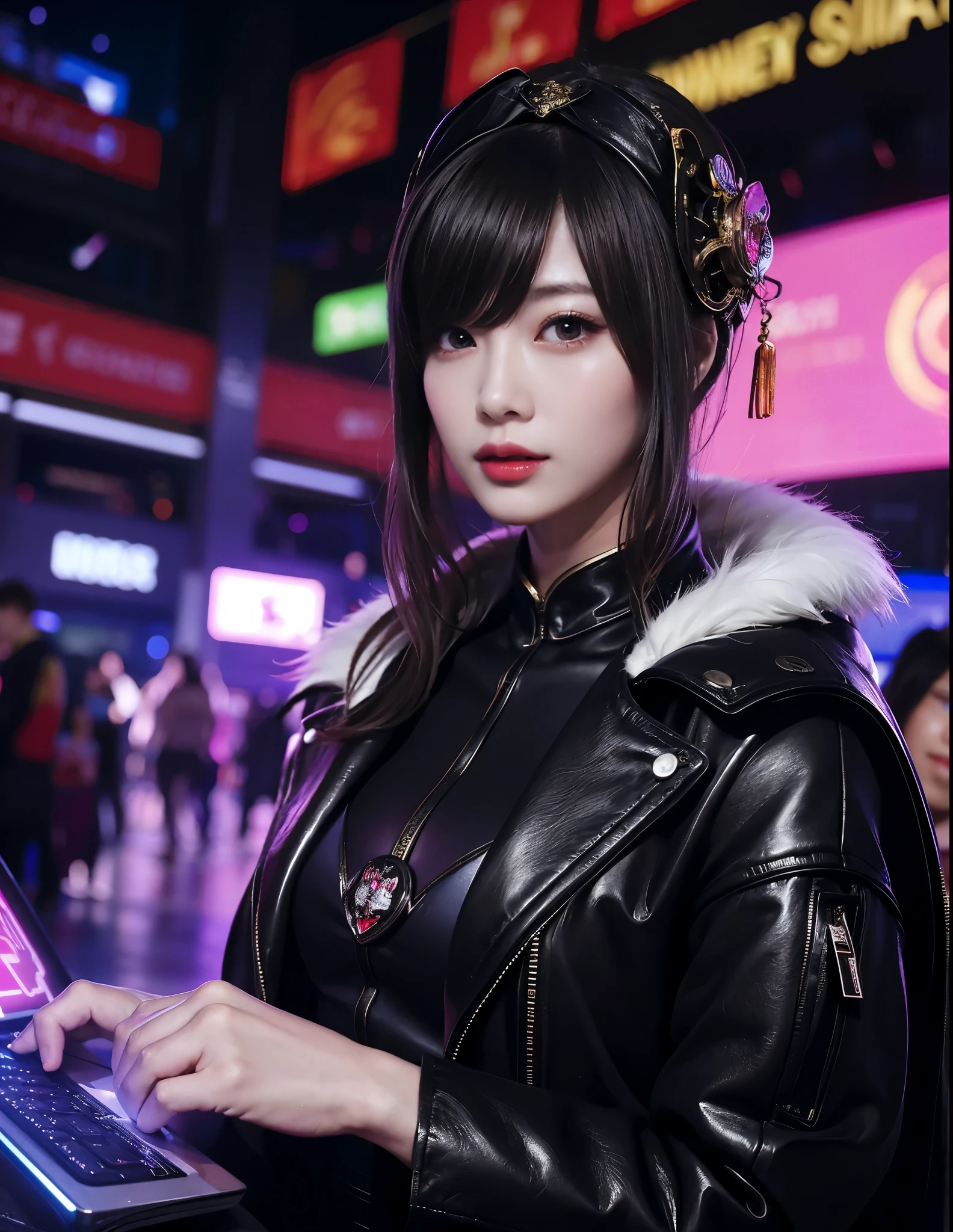 Chinese cyberpunk in glamorous with mask at a masquerade trendy, sophisticated, and sneaky with high-tech clothing and street smart in a high-tech club. vibrant digital illustration