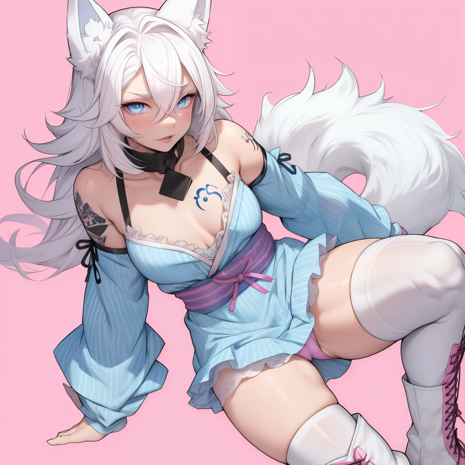 Single boy, Anime Femboy, Short, Long white hair, wolf ears, wolf tail, blue eyes, wearing a cute frilly pink dress, flat chest, super flat chest, wearing thigh high cute socks, wearing combat boots, solo femboy, only one femboy ((FLAT CHEST)) solo, alone, (SOLO)(ALONE) thicc thighs, wide hips, blue eyes, perfect eyes, perfect face, pouty lips, happy, curvy, sparkly blue eyes, has colorful japanese tattoos, trans, crotch bulge, wearing striped panties, curvy, wearing pink lipstick