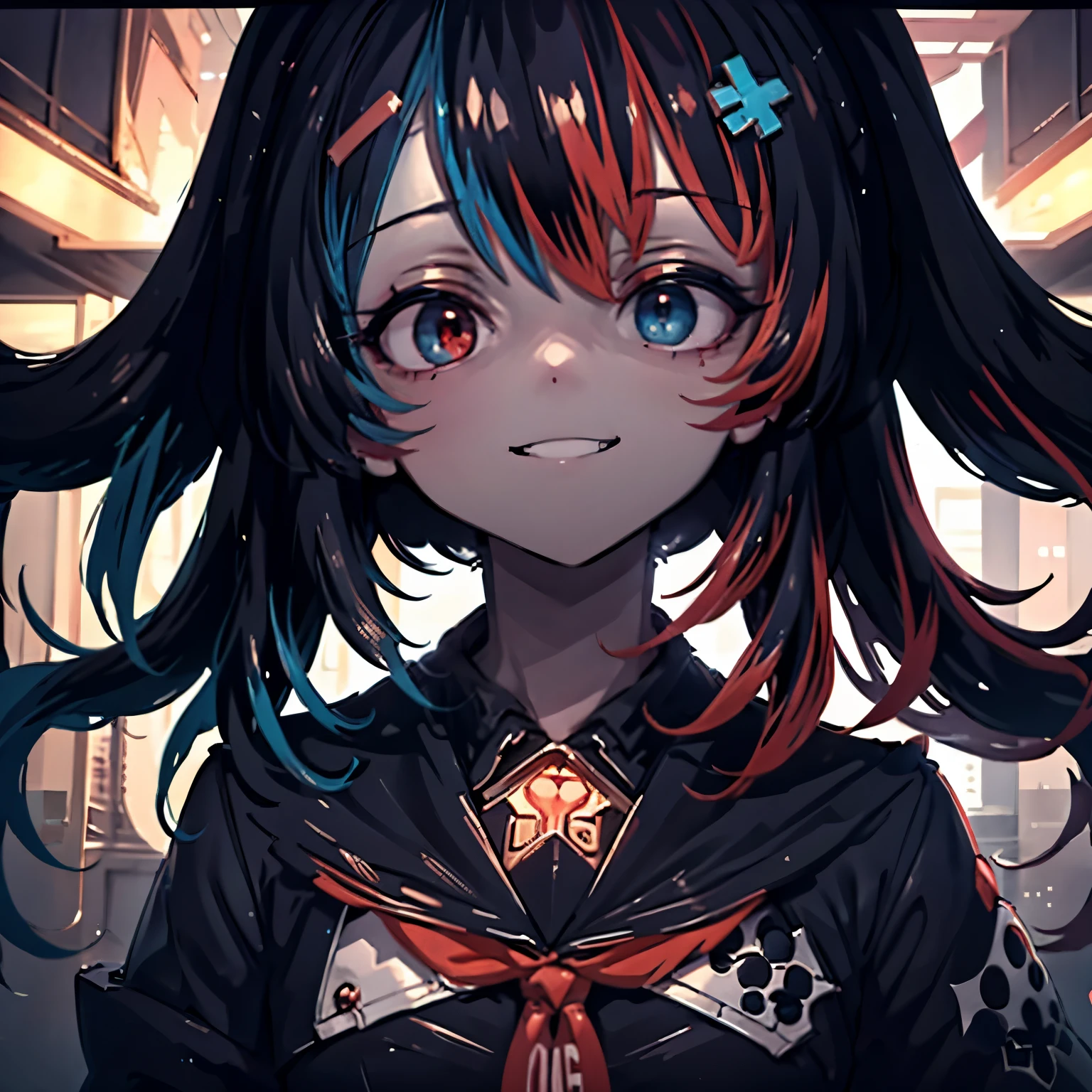 grainy,extremely detailed, masterpiece, dynamic lighting, switch-chan smiling menacingly, looking down, watching straight into your soul,