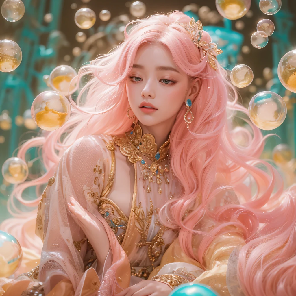 Peach Velvet Series,Peach-colored flull颜色,enamel,agate,A flesh-colored world,Blood Blue Maiden 32k(masterpiece,HD,Aoyama Pond,Ultra high quality,32k)Bright pink long flowing hair,blood pool,Ziddink, a color,Grumpy (After greeting), (Linen scarf), fighting stance, looking at the ground, light pink long hair, Floating bright blue, Fire cloud gold headdress, Chinese long-sleeved gold silk burgundy garment, (Abstract metaverse splash:1.2), White background,Peony flower vitality protector(realistically:1.4),Peach-colored flull,Smoke on the road,The background is very pure, high resolution, detail, RAW photos, Sharp Re, Nikon D850 film photo by Jefferies Lee 4 Kodak Portra 400 camera F1.6 guns, colorful, Ultra-realistic and vivid textures, dramatic lighting, Unreal Engine Art Station Trend, Sinest 800,Long flowing girl peach hair,Huge colorful bubbles light pink