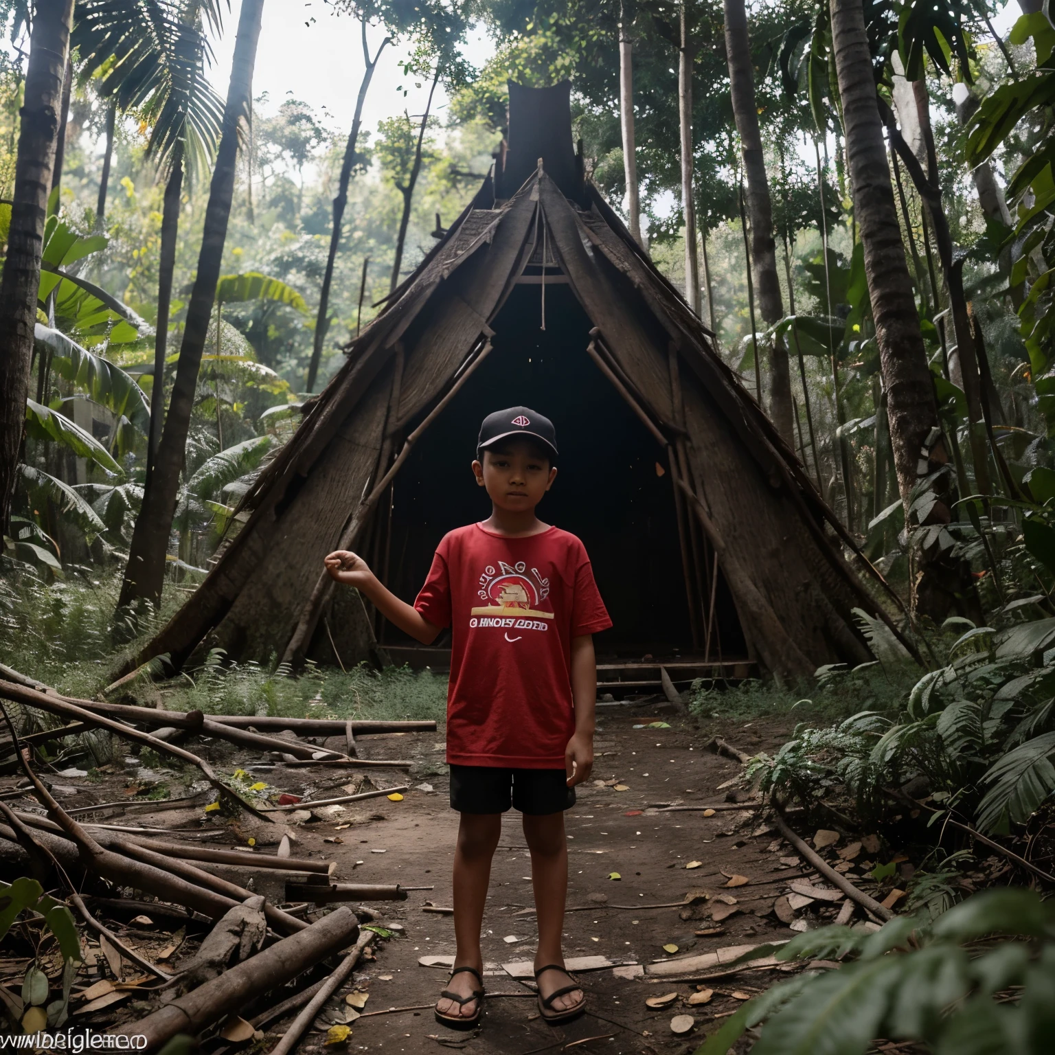 Anak kecil memakaibcelana pendek tidakpakai baju memegang benderq merah putih dibtengah hutan