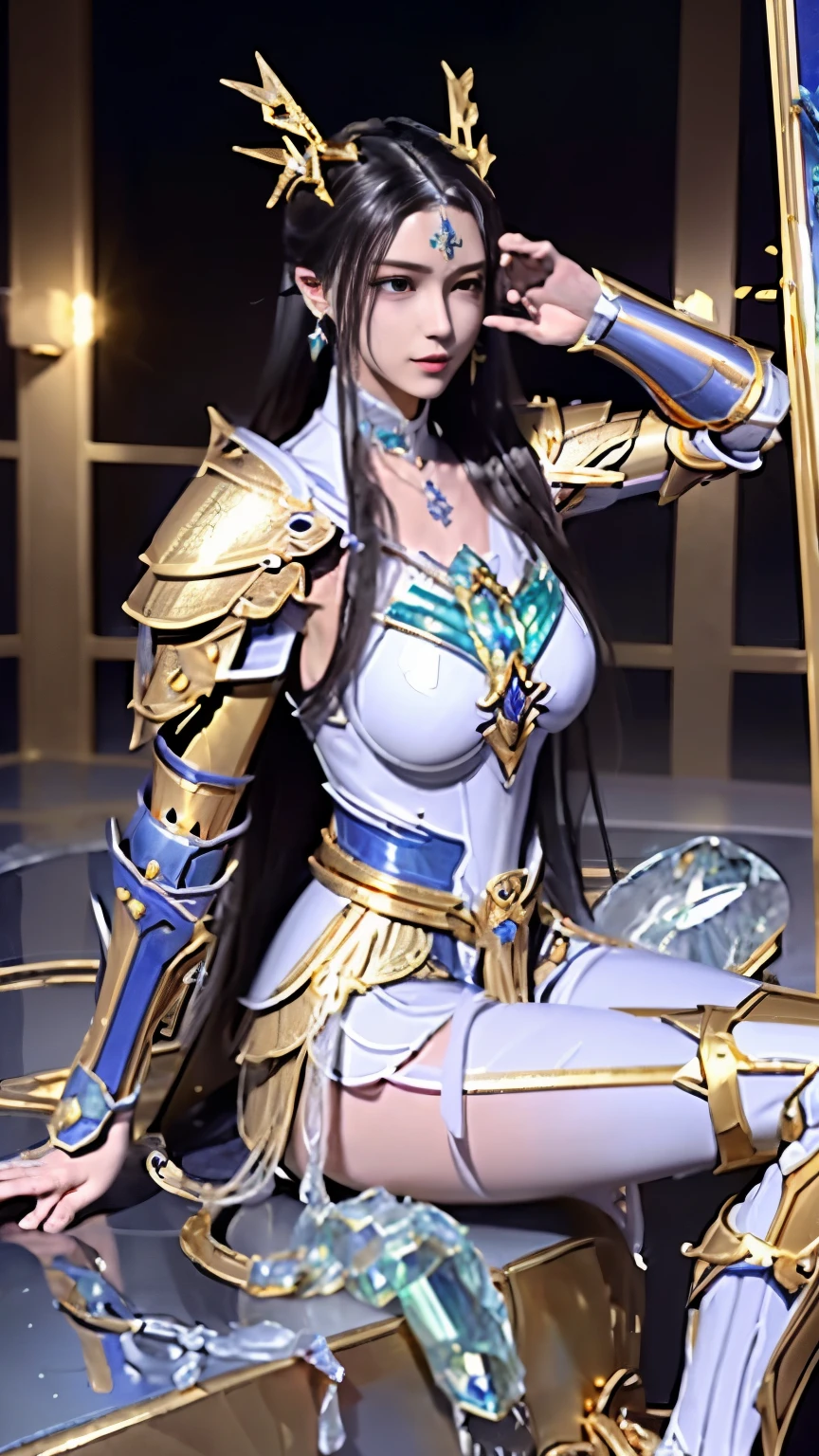 A perfectly realistic cyberpunk style Capricorn Saint Seiya, (Saint Seiya) (golden armor: 2), Metallic (Mech textures) (golden texture: 1.5) (leg: 2) on belly, 抬leg, recline (open air) (buttocks) for the audience (Off the shoulder style) (拥有无数的超级Big gemstone) (super large gem period: 2), crazy details (Water flows through the body: 1.5) whole body, , (Kick: 2), aristocratic detail, full of grass, full length, Full frame, epic poses, (Gorgeous jewelry) yellow hair (necklace and earring) period, (put + Big gemstone), large diamonds, Kaneko, ruby), Fall, By the bathtub, unrealistic engine style, detail, surreal, boca effect, Shot in the style of David LaChapelle, Bioluminescence palette: lilac, light pink, Bright white, wide angle, Ultra-fine, movie still life, Energetic, wlop sum sakimichan, art jem style, Lower chest, perfect eyes, Highest image quality 16K, Inspired by Harry Winston, Shot with Canon EOS R 6, masterpiece