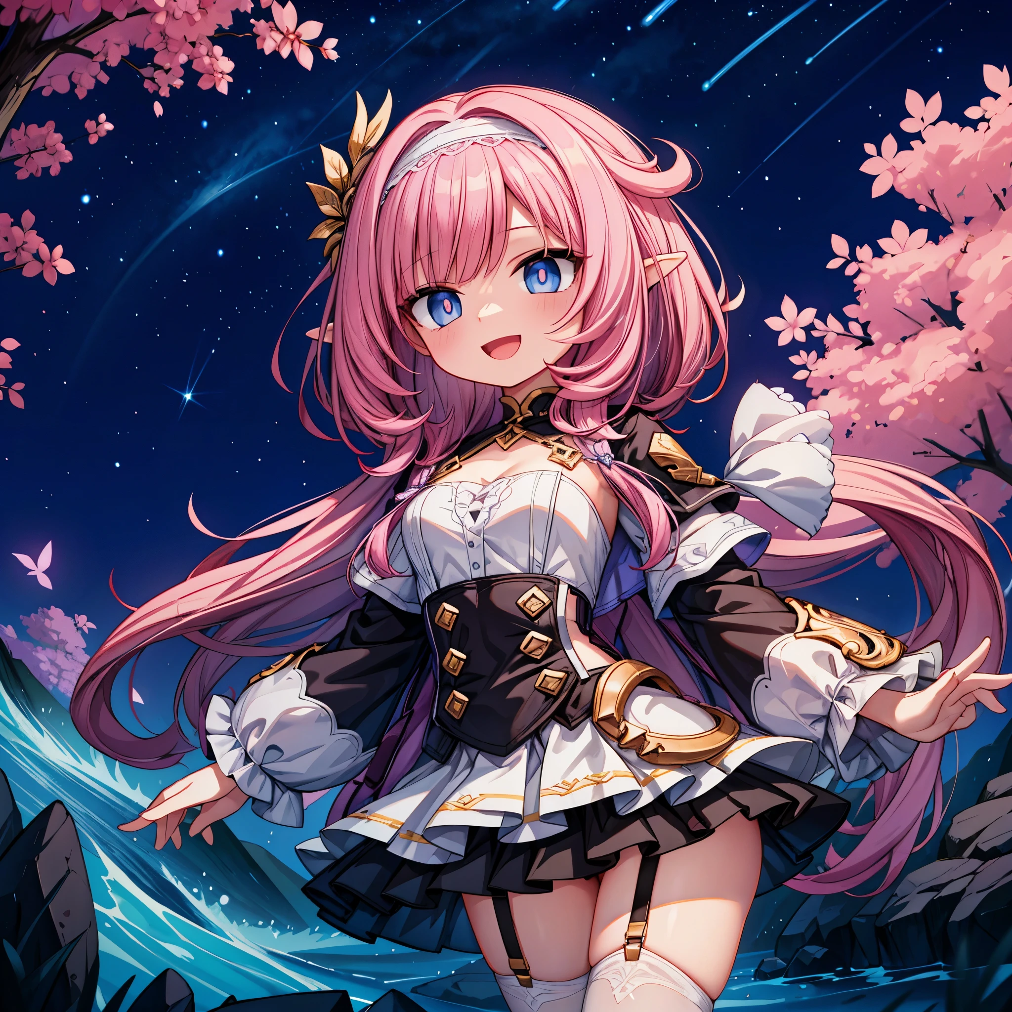 a girl,best picture quality,Long pink hair,short jacket,lace headband,short skirt,with a smile,Blue-pink pupils,Elf-like ears,Collapse(series),High in the mountains,under the stars,best quality,wave,for the audience,Vivid pupils,Bangs,Chest:d,white garters