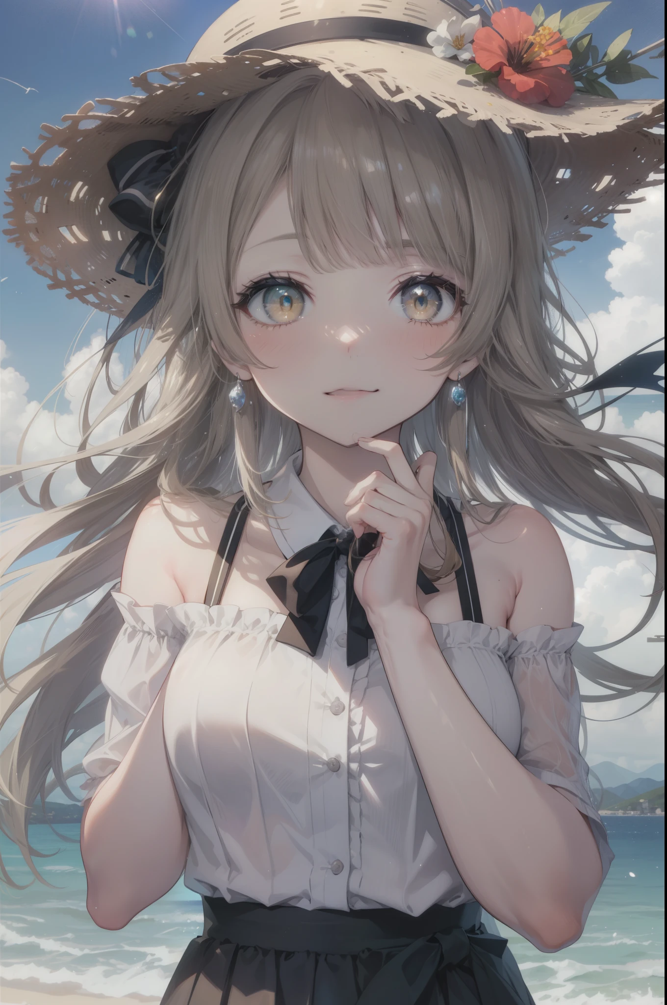 Kotori Minami, kotori minami, brown hair, (brown eyes:1.5),, long hair,blush,smile,open your mouth,ビーチのsandy beachを散歩しながら、brown hair fluttering in the breeze, A large straw hat with a hibiscus on it,off shoulder dress,long skirt,barefoot、Light of the sun,Palm tree,whole body,
break outdoors, sandy beach, seaside,
break (masterpiece:1.2), highest quality, High resolution, unity 8k wallpaper, (figure:0.8), (detailed and beautiful eyes:1.6), highly detailed face, perfect lighting, Very detailed CG, (perfect hands, perfect anatomy),