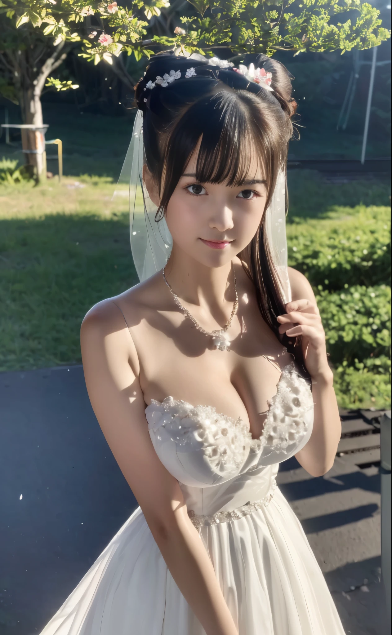 (((Pixel perfect, Perfect details))), alone, 1 girl, yuigahama yui, Close-up of beautiful bride wearing beautiful wedding dress,Gurwitz, (bridal veil:1.5),(transparent short veil:1.5),blush,eye shadow,Blushing face,Head flower,headgear,bouquet,(tube top wedding dress:1.5),(silk dress:1.2),(strapless wedding dress:1.5),pure white dress,necklace,earrings,(large breasts:1.3),Bangs,lipstick,(White long elbow gloves:1.4),whole body照,High-detail RAW color art,White long skirt,whole body,(standing on the railroad tracks:1.3),18 years old, (long twintails:1.5),(double bun:1.5), black hair