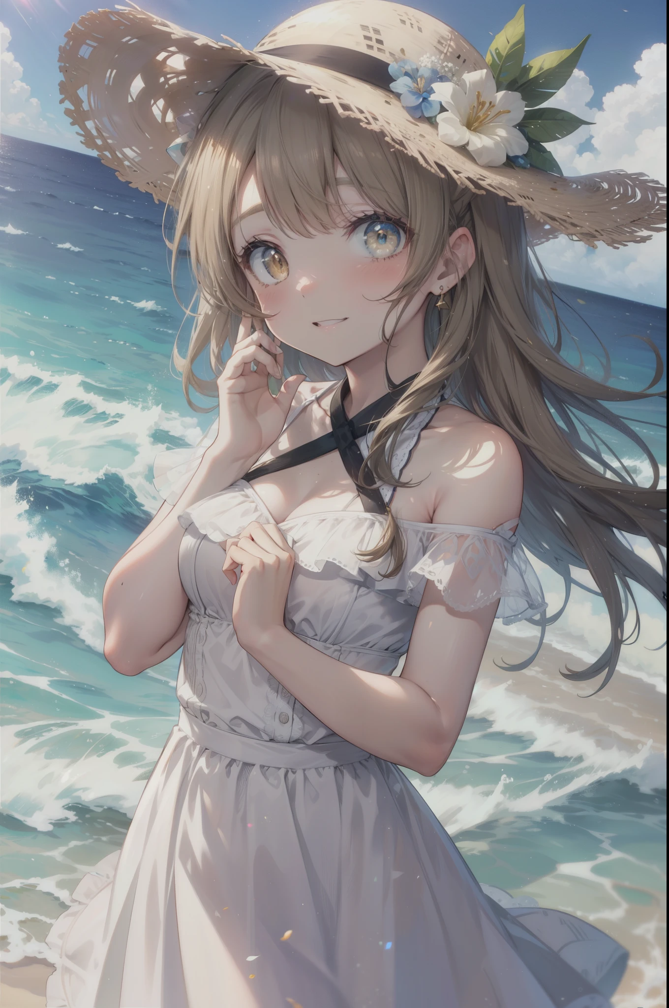 Kotori Minami, kotori minami, brown hair, (brown eyes:1.5),, long hair,blush,smile,open your mouth,ビーチのsandy beachを散歩しながら、brown hair fluttering in the breeze, A large straw hat with a hibiscus on it,off shoulder dress,long skirt,barefoot、Light of the sun,Palm tree,whole body,
break outdoors, sandy beach, seaside,
break (masterpiece:1.2), highest quality, High resolution, unity 8k wallpaper, (figure:0.8), (detailed and beautiful eyes:1.6), highly detailed face, perfect lighting, Very detailed CG, (perfect hands, perfect anatomy),