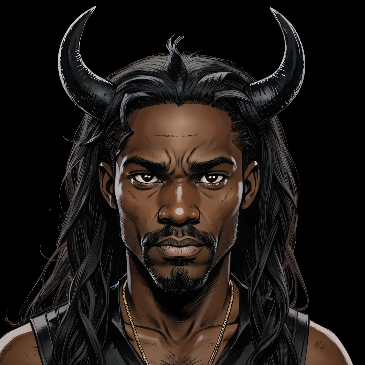 A satanic looking African American male with long black hair and Black eyes. With two horns and a devilish tail.