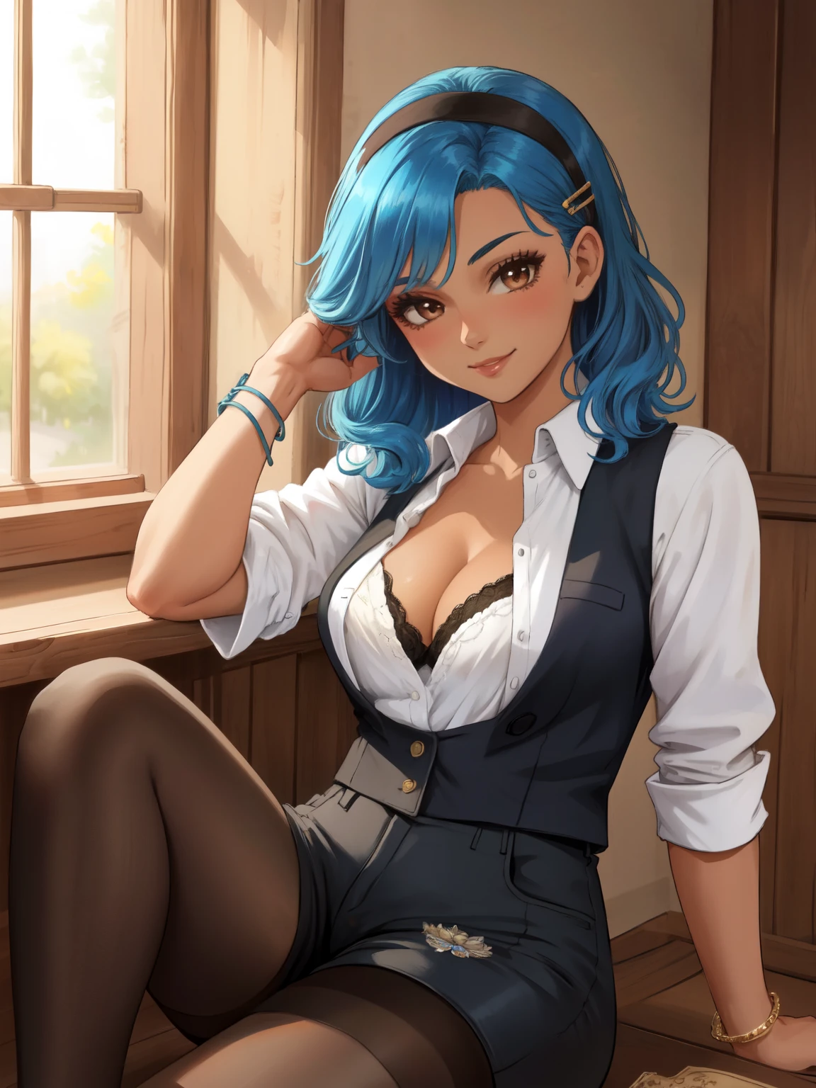 masterpiece, best quality, illustration, beautiful detailed, 1girl with blue hair and brown eyes, tanned skin, dark skin, hispanic, wavy hair, medium hair, hairclips, hairband, medium breasts, cleavage, (bra:0.9), white buttoned shirt, black shorts, waistcoat, thigh, bracelets, pantyhose, light smile, sitting