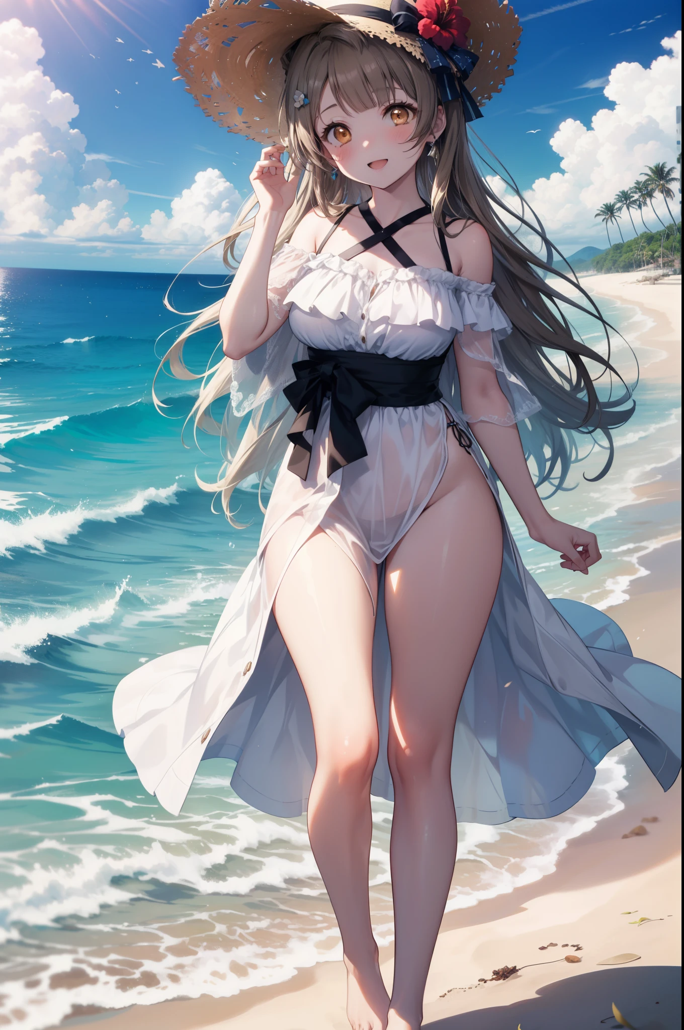 Kotori Minami, kotori minami, brown hair, (brown eyes:1.5),, long hair,blush,smile,open your mouth,ビーチのsandy beachを散歩しながら、brown hair fluttering in the breeze, A large straw hat with a hibiscus on it,off shoulder dress,long skirt,barefoot、Light of the sun,Palm tree,whole body,
break outdoors, sandy beach, seaside,
break (masterpiece:1.2), highest quality, High resolution, unity 8k wallpaper, (figure:0.8), (detailed and beautiful eyes:1.6), highly detailed face, perfect lighting, Very detailed CG, (perfect hands, perfect anatomy),