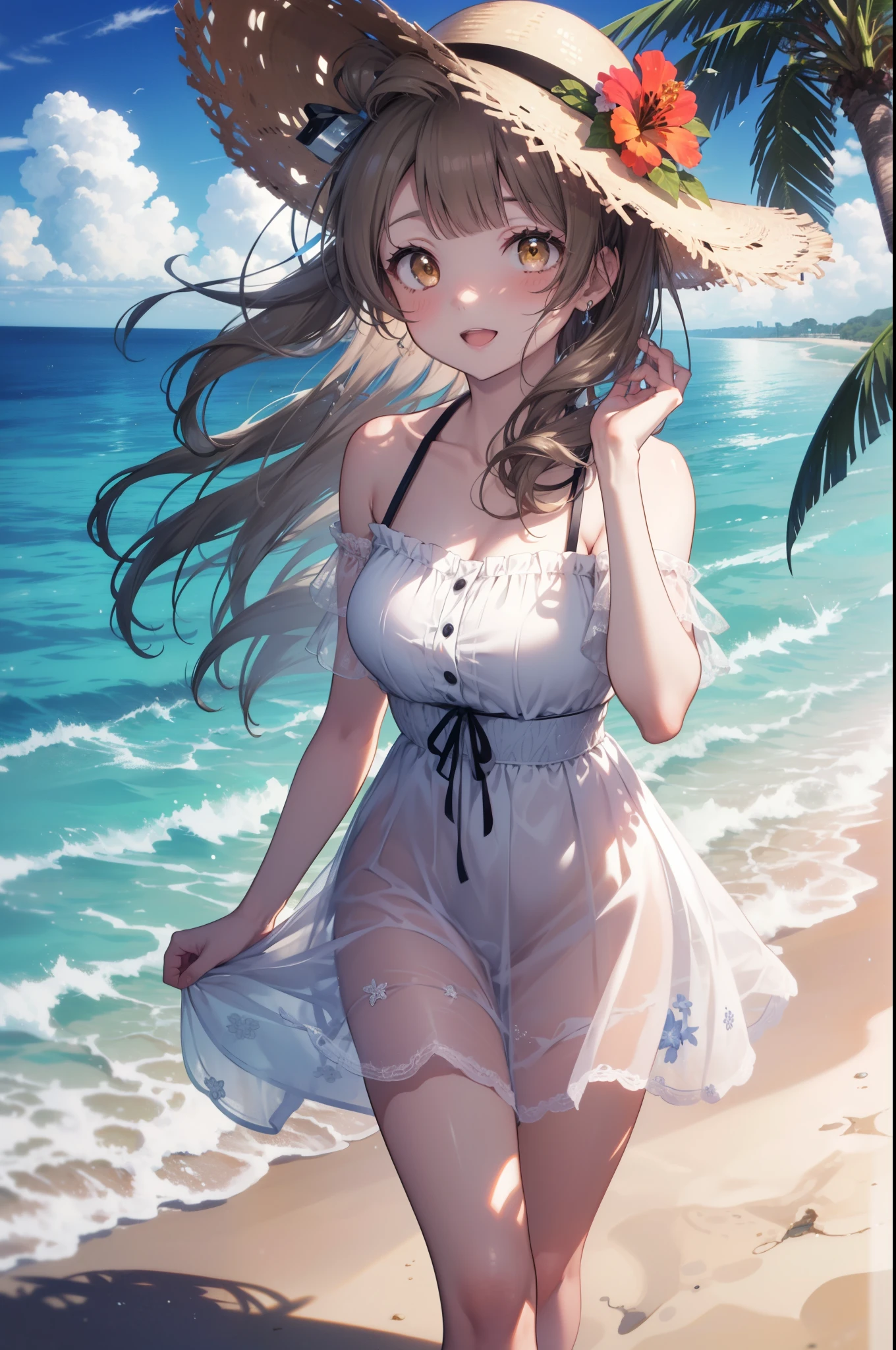 Kotori Minami, kotori minami, brown hair, (brown eyes:1.5),, long hair,blush,smile,open your mouth,ビーチのsandy beachを散歩しながら、brown hair fluttering in the breeze, A large straw hat with a hibiscus on it,off shoulder dress,long skirt,barefoot、Light of the sun,Palm tree,whole body,
break outdoors, sandy beach, seaside,
break (masterpiece:1.2), highest quality, High resolution, unity 8k wallpaper, (figure:0.8), (detailed and beautiful eyes:1.6), highly detailed face, perfect lighting, Very detailed CG, (perfect hands, perfect anatomy),