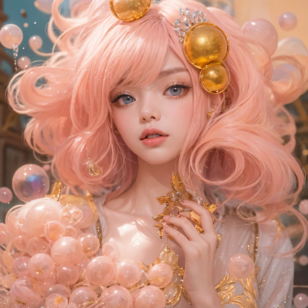 Peach Velvet Series，Peach-colored flull颜色，enamel，agate，A flesh-colored world，Blood Blue Maiden 32k（masterpiece，HD，Aoyama Pond，Ultra high quality，32k）Bright pink long flowing hair，blood pool，Ziddink， a color，Grumpy （After greeting）， （Linen scarf）， fighting stance， looking at the ground， light pink long hair， Floating bright blue， Fire cloud gold headdress， Chinese long-sleeved gold silk burgundy garment， （Abstract metaverse splash：1.2）， White background，Peony flower vitality protector（realistically：1.4），Peach-colored flull，Smoke on the road，The background is very pure， high resolution， detail， RAW photos， Sharp Re， Nikon D850 film photo by Jefferies Lee 4 Kodak Portra 400 camera F1.6 guns, colorful, Ultra-realistic and vivid textures, dramatic lighting, Unreal Engine Art Station Trend, Sinest 800，Long flowing girl peach hair，Huge colorful bubbles light pink