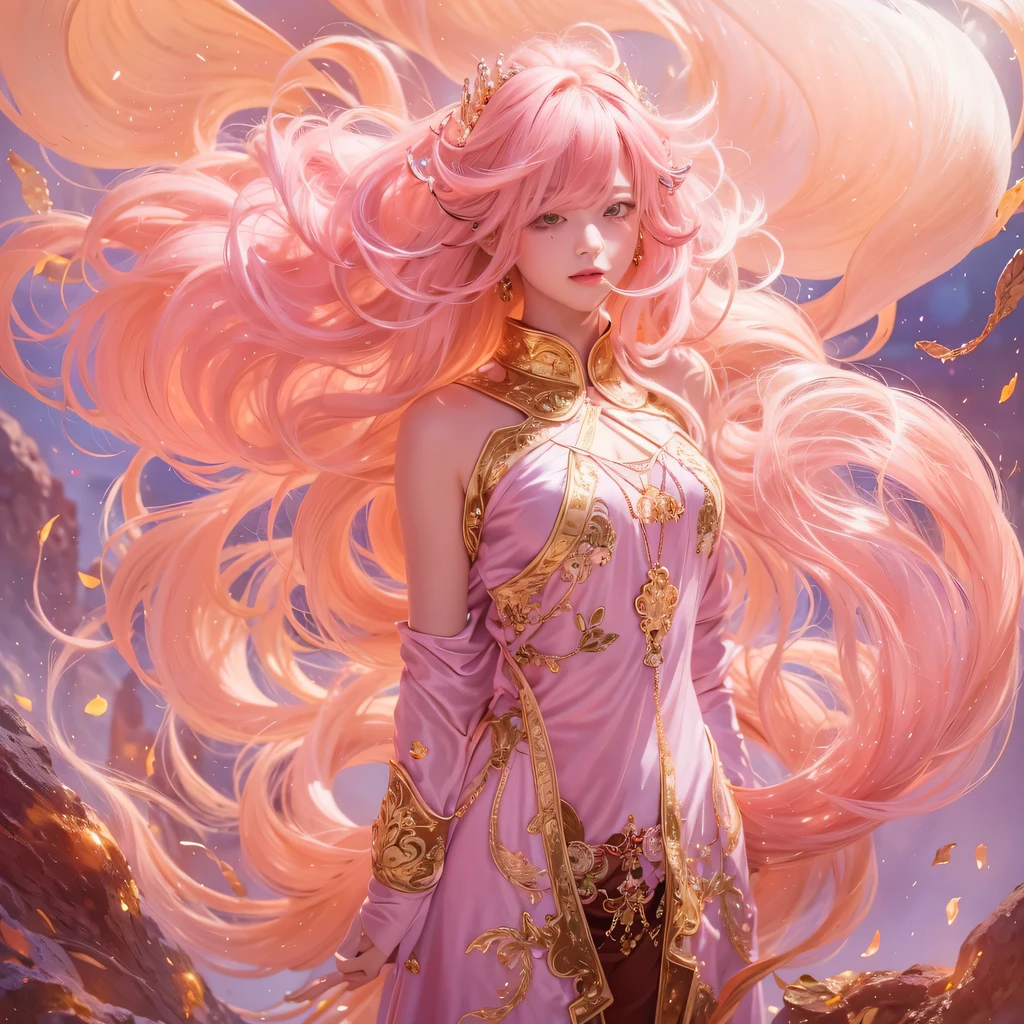 Peach Velvet Series,Peach-colored flull颜色,enamel,agate,A flesh-colored world,Blood Blue Maiden 32k(masterpiece,HD,Aoyama Pond,Ultra high quality,32k)Bright pink long flowing hair,blood pool,Ziddink, a color,Grumpy (After greeting), (Linen scarf), fighting stance, looking at the ground, light pink long hair, Floating bright blue, Fire cloud gold headdress, Chinese long-sleeved gold silk burgundy garment, (Abstract metaverse splash:1.2), White background,Peony flower vitality protector(realistically:1.4),Peach-colored flull,Smoke on the road,The background is very pure, high resolution, detail, RAW photos, Sharp Re, Nikon D850 film photo by Jefferies Lee 4 Kodak Portra 400 camera F1.6 guns, colorful, Ultra-realistic and vivid textures, dramatic lighting, Unreal Engine Art Station Trend, Sinest 800,Long flowing girl peach hair,Huge colorful bubbles light pink