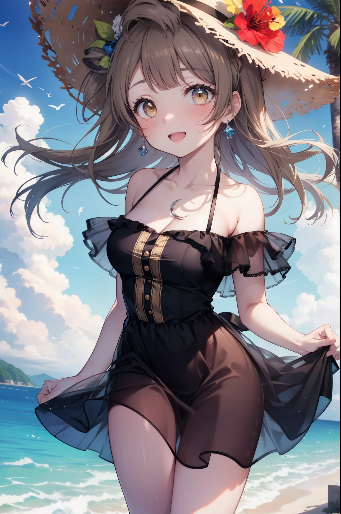 Kotori Minami, kotori minami, brown hair, (brown eyes:1.5),, long hair,blush,smile,open your mouth,ビーチのsandy beachを散歩しながら、brown hair fluttering in the breeze, A large straw hat with a hibiscus on it,off shoulder dress,long skirt,barefoot、Light of the sun,Palm tree,whole body,
break outdoors, sandy beach, seaside,
break (masterpiece:1.2), highest quality, High resolution, unity 8k wallpaper, (figure:0.8), (detailed and beautiful eyes:1.6), highly detailed face, perfect lighting, Very detailed CG, (perfect hands, perfect anatomy),