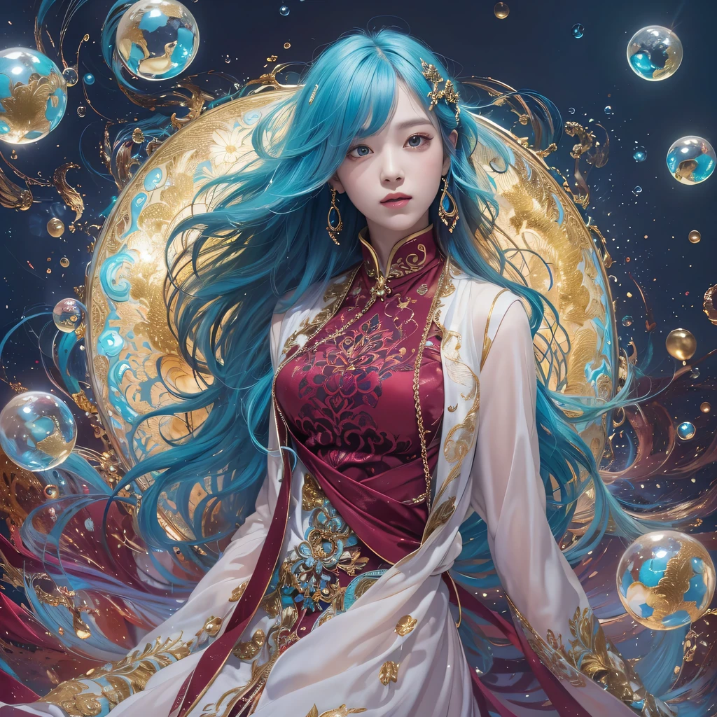 鹅黄 blue colors,enamel,agate,A flesh-colored world,Blood Blue Maiden 32k(masterpiece,HD,Aoyama Pond,Ultra high quality,32k)long flowing bright blue hair,blood pool,Ziddink, a color,Grumpy (After greeting), (Linen scarf), fighting stance, looking at the ground, long 鹅黄 hair, Floating bright blue, Fire cloud gold headdress, Chinese long-sleeved gold silk burgundy garment, (Abstract metaverse splash:1.2), White background,Peony flower vitality protector(realistically:1.4),bright purple hair,Smoke on the road,The background is very pure, high resolution, detail, RAW photos, Sharp Re, Nikon D850 film photo by Jefferies Lee 4 Kodak Portra 400 camera F1.6 guns, colorful, Ultra-realistic and vivid textures, dramatic lighting, Unreal Engine Art Station Trend, Sinest 800,一个有着long flowing bright blue hair的女孩,Huge colorful bubbles鹅黄