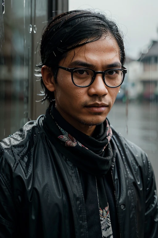 aesthetic portrait of indonesian man with glasses, bandana and black jacket. raindrops delicately clinging to lenses, soft reflections on frames, nuanced expression, wet hair framing the face, captured in a high-resolution photograph, blending realism and artistic finesse, conveying the poetry of a rainy moment.