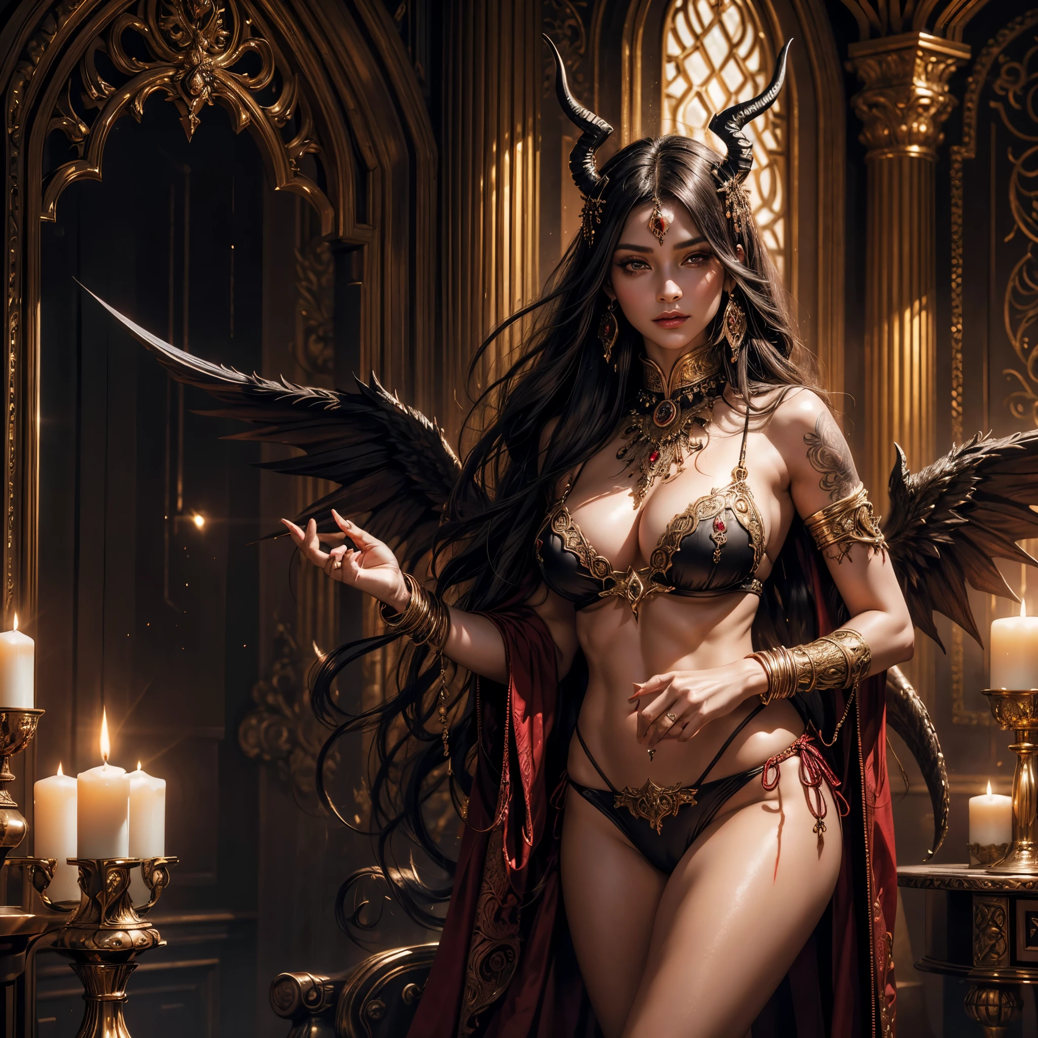 (best quality,highres:1.2),ultra-detailed,realistic,portrait,high fantasy,(subject 1:sexy busty Malaysian woman(age 40),jewel hijab,bikini,) tames a devil,arcane chamber,well-lit room,vibrant colors,exquisite details,(seductively poses,confident expression,mesmerizing eyes,long wavy hair,fine jewelry,ornate tattoos,chiseled features,soft skin),golden light,elaborate spell casting,richly decorated surroundings,enchanted atmosphere,mythical creatures in the background,elaborate tapestries,handsome yet sinister devil,subdued black and red color scheme,gentle candlelight,Northern European architecture,ethereal shimmer,curved horns,dark wings,burnished scales,dangerous yet alluring presence