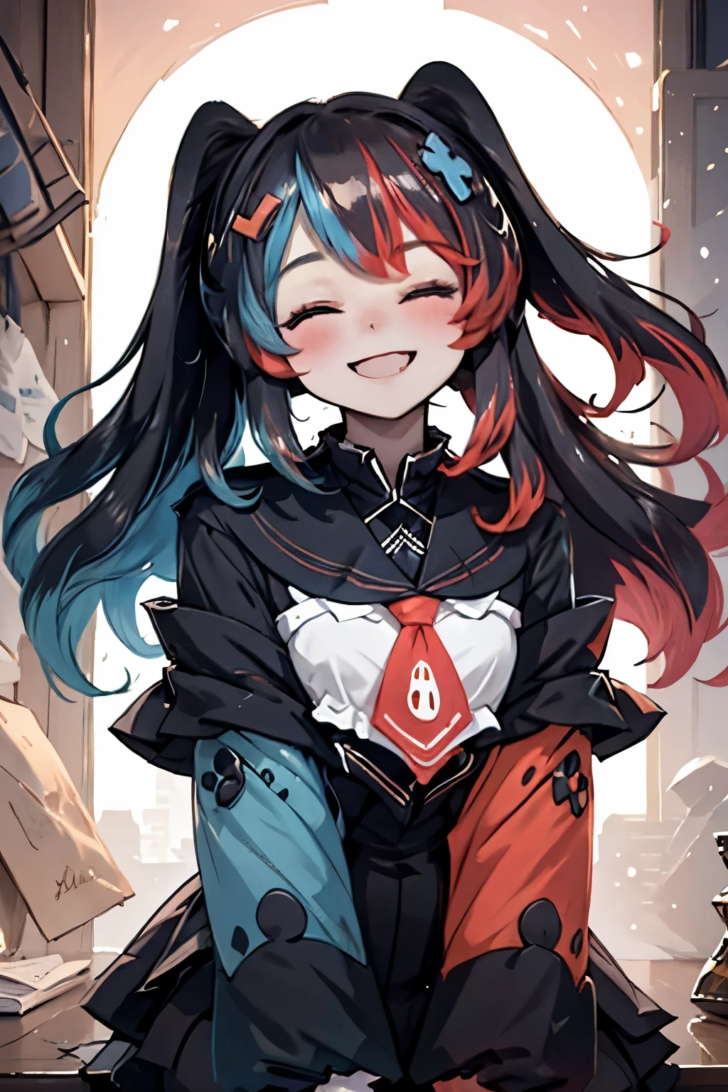 Highly detailed, High Quality, Masterpiece, beautiful, 1girl, solo, SwitchchanOutfit, (HeadpatPOV:1.5), headpat, pov, smile, bright smile, head tilt, closed eyes, happy, blush,