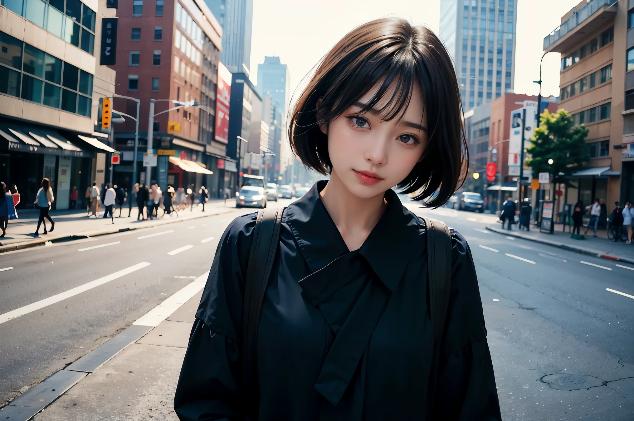 table top, 1 beautiful girl, be familiar with, highest quality, 超High resolution, (reality: 1.4), original photo, 1 girl, 16 years old, cinematic lighting, soft light, smile, Japanese, asian beauty, short hair, The ends of my hair are blown away by the wind, bangs, clean, super beautiful, small young face, beautiful skin, thin, (超reality的な), (High resolution), (8k), (非常にbe familiar with), (beautiful detailed eyes), (超be familiar with), (be familiar with face), small details, be familiar with face, 愛情深いsmile, look straight ahead, きちんとしたclothing, dark eyes, clothing (blouse), new york近代美術館にて, new york, new york, new york, large audience, body facing forward,