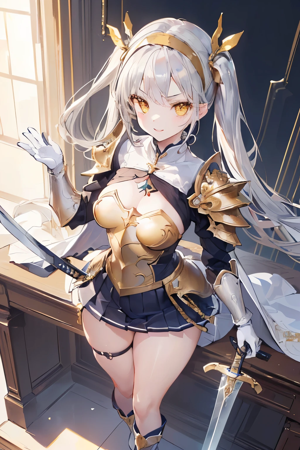 (((1girl))), ((best quality)), ((masterpiece)), ((ultra-detailed)), (illustration), (detailed light), (an extremely delicate and beautiful), (beautiful detailed eyes), (sunlight), ((extremely light)), ((extremely clothes)), (((hyper detail))),(((((front lighting))))),(((((front light))))),
((((quite adorable and armor with a pleated skirt and robe and headband)))),
((((Divine Knight)))),
,
(((high twin pig tails))), ((((white silver hair)))),
(((yellow gold eyes))),
((((whole body)))), aged 5 to 8, ((((())))), ((((very adorable young girl)))),
((condescending expression)), ((mischievous smile with sexual satisfaction)), (((extra adorable))), (((((extra slender shape))))),
(((((extremely beautiful detailed face))))),
(((bravely standing with a long-sword))), (((elegant boots))),
(Dutch angle), (((elegant gloves))), ((transparent magical underskirt)), ((a little bit exposed adorable magical panties))