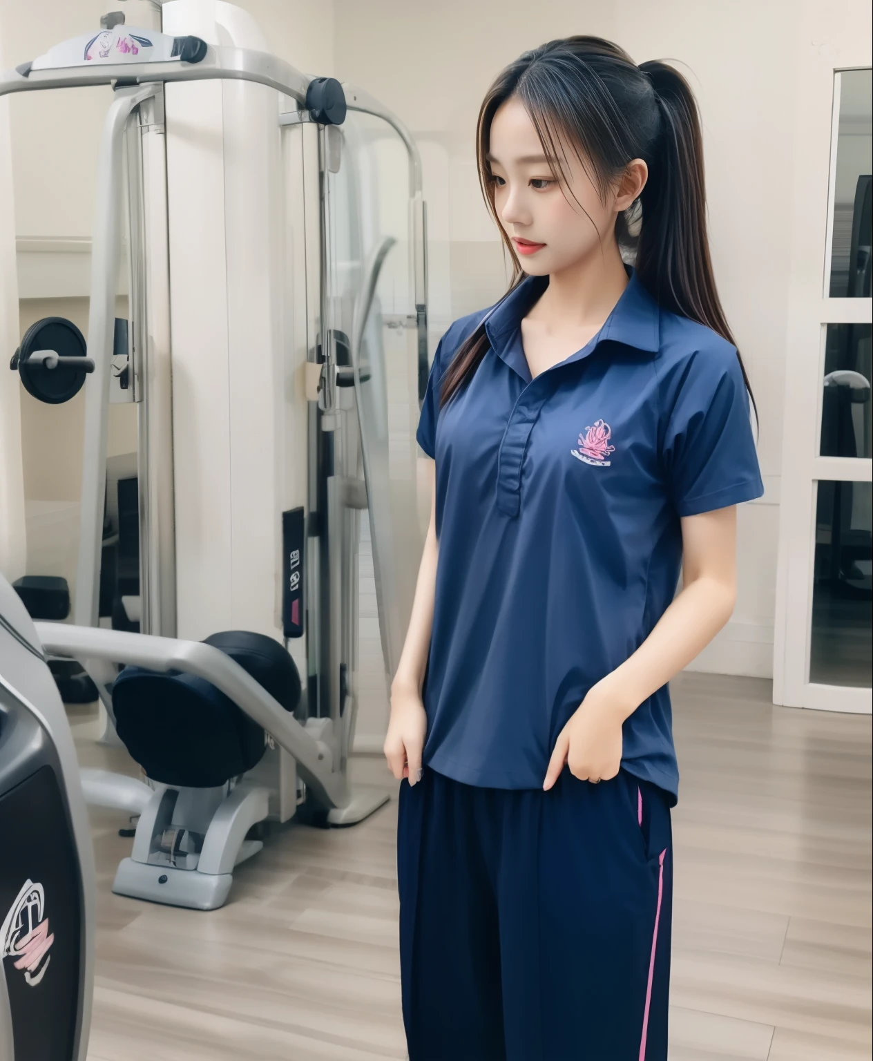 3 girls in fitness center, Blue short sleeve shirt,Sweatpantsขายาวสีกรมท่า,Sweatpants, Sweatpantsขายาว,25 year old girl, lesbian, sexy, exercise clothes, wet body, exercise clothes