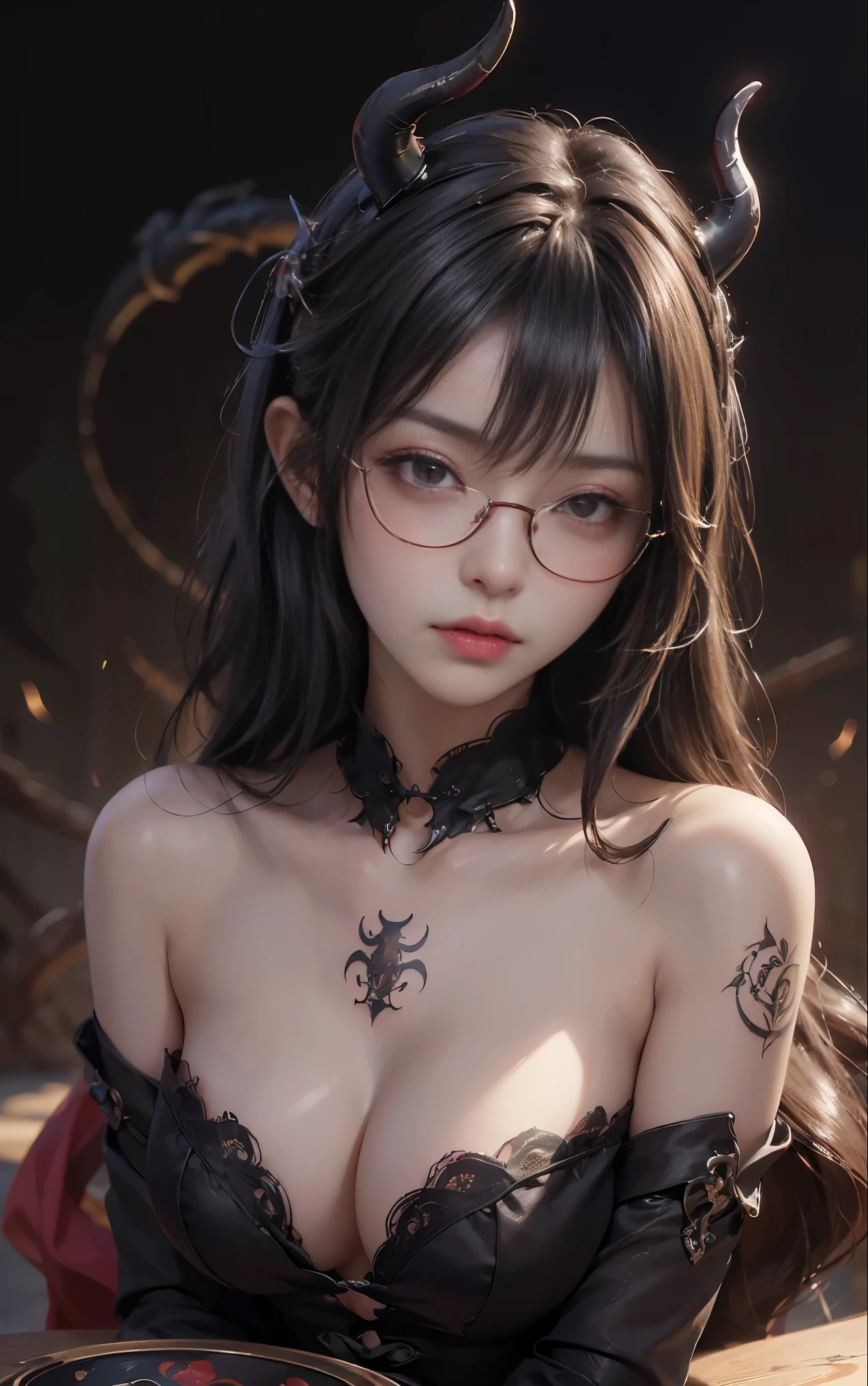 got itですかですか、(best illustrations)、8k UHD resolution、intricate details、highest quality、realistic、Super detailed、best lighting、best shadows、soft lighting、Ultra HD、超realistic、Tyndall effect、Photoreal、(high detail skin:1.2)、 (intricate details, compensate, face to face with the ren_v1:0.5), (got it, beautiful and delicate face, got itですか, beautiful and delicate eyes, perfectly proportioned face, high resolution skins, fine skin, Optimal ratio of 4 fingers and 1 thumb, arm under chest, red tattoo on lower abdomen、Wow wow, wide hips, smooth abdomen, thin and thin skin, __fashion__, __hair__:1.25)、Digital single-lens reflex camera、 absurd、(table top: 1.3), (maximum resolution: 1.2), (Ultra HDTV: 1.2), cinematic light, fine eyes and skin, detailed facial features, , (sharp focus: 1.2), (focus on the face:1.2),perfect style, beautiful face, acura, anatomically correct, Highly detailed face and skin texture, fine eyes, double eyelid, thin eyebrows, glitter eyeliner: 1 natural cheeks, Glossy skin, Fair skin: 1.2, (glossy lips: 1.4),(embarrassed look: 1.2),Highly detailed face and skin texture, fine eyes, double eyelid, natural cheeks, glossy lips: 1.4,exposed cleavtching。charm、 Beautiful devil woman from hell, Surreal female portraits by David Hockney and Alphonse Mucha, charm女性の肖像画、fantasy art, Chinese humanoid、chinese actress、dungeon、dragon、devil'palace of、devil'torture chamber、night、dark style 、in the dark、(detailed spooky background:0.8), magic、 1 girl、evil nun、dark necromancer、Succubus、devil'Daughter of、Shinonome Umi、bat wings,(((devil'Horn)))、 ((((giant glasses, otaku glasses, thick glasses, round glasses)))),(((big breasts))9;tail)、(red eyesは光り輝いて:1.6)、red eyesは非常に鮮明で詳細です, your eyes are made up so beautifully, ((red eyes:1.0)),intricate tattoo, demonic intricate tattoo, tattoo on thigh, body tattoo, masterpiece、最もbeautiful face、baby face、cute smile、beautiful plump red lips、筋肉のcharm体、devilのcharm体、devil style、charmブラックマジックコスチューム、The long-haired、Braid、Black hair、Ponytail distortion、, Ponytail with a bow tied at the back of the hair, beautiful expression、body up、big breasts強調、bust, supest, Breast augmentation surgery, Breastvery big and round,tight waisass、 secret key, cowboy lens, (black phoenix dre 1.0), devil crown, red sparkling gemstone necklace、Jewelry G Wise, Please wear black mesh socks,Wearing light red、nffsw, nffsw, meet beautiful girls, look at the girl'body of,