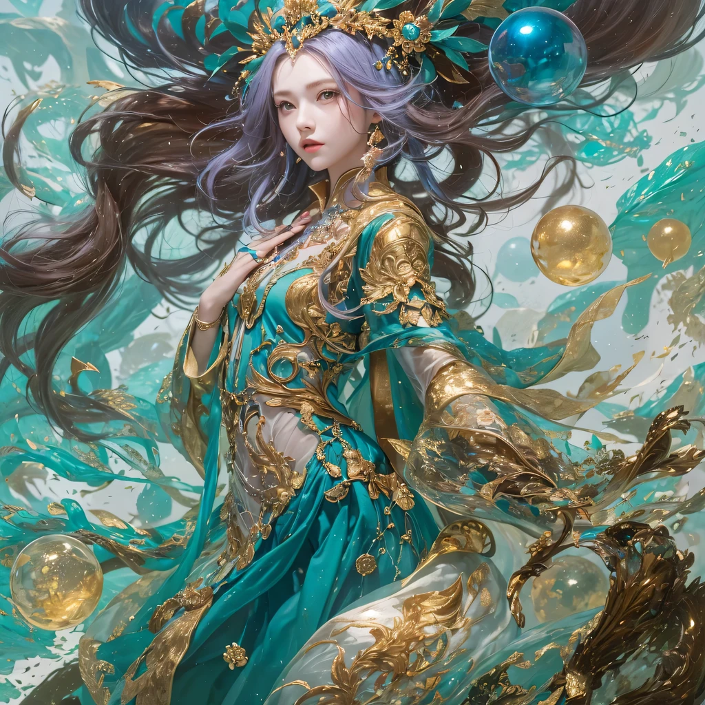 Yellow blue colors,enamel,agate,A flesh-colored world,Blood Blue Maiden 32k(masterpiece,HD,Aoyama Pond,Ultra high quality,32k)long flowing bright blue hair,blood pool,Ziddink, a color,Grumpy (After greeting), (Linen scarf), fighting stance, looking at the ground, long white hair, Floating bright blue, Fire cloud gold headdress, Chinese long-sleeved gold silk burgundy garment, (Abstract metaverse splash:1.2), White background,Peony flower vitality protector(realistically:1.4),bright purple hair,Smoke on the road,The background is very pure, high resolution, detail, RAW photos, Sharp Re, Nikon D850 film photo by Jefferies Lee 4 Kodak Portra 400 camera F1.6 guns, colorful, Ultra-realistic and vivid textures, dramatic lighting, Unreal Engine Art Station Trend, Sinest 800,一个有着long flowing bright blue hair的女孩,huge colorful bubbles