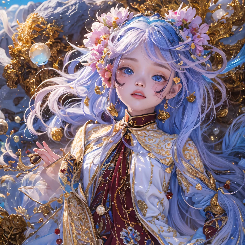 Yellow blue colors,enamel,agate,A flesh-colored world,Blood Blue Maiden 32k(masterpiece,HD,Aoyama Pond,Ultra high quality,32k)long flowing bright blue hair,blood pool,Ziddink, a color,Grumpy (After greeting), (Linen scarf), fighting stance, looking at the ground, long white hair, Floating bright blue, Fire cloud gold headdress, Chinese long-sleeved gold silk burgundy garment, (Abstract metaverse splash:1.2), White background,Peony flower vitality protector(realistically:1.4),bright purple hair,Smoke on the road,The background is very pure, high resolution, detail, RAW photos, Sharp Re, Nikon D850 film photo by Jefferies Lee 4 Kodak Portra 400 camera F1.6 guns, colorful, Ultra-realistic and vivid textures, dramatic lighting, Unreal Engine Art Station Trend, Sinest 800,一个有着long flowing bright blue hair的女孩,huge colorful bubbles